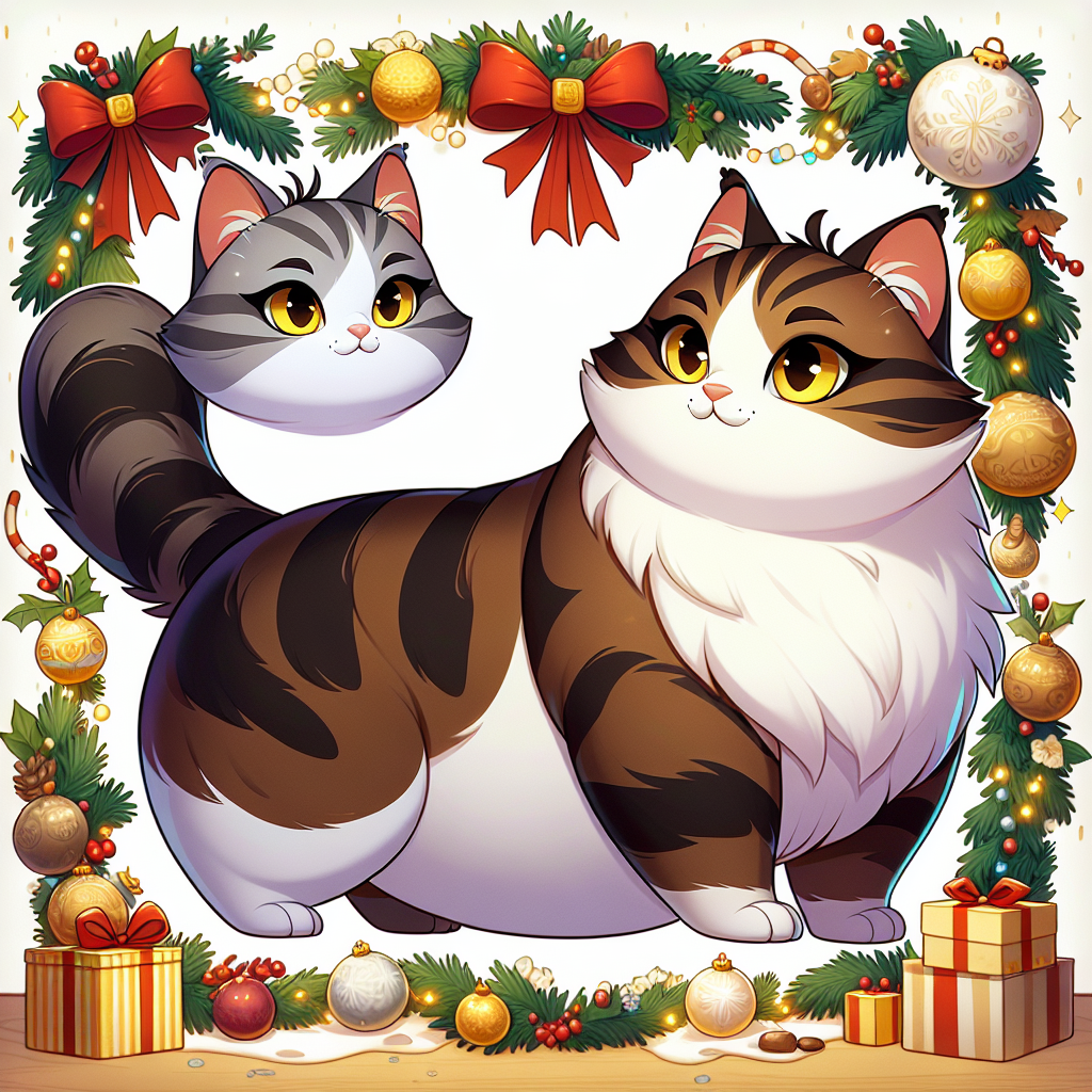 The cartoon scene is filled with Christmas joy, featuring adult cats with a healthy build, not too chubby or slender. Their white and brown coats are adorned with black markings, and their yellow eyes shine brightly amidst the festive decorations.
.
Made with ❤️ by AI.