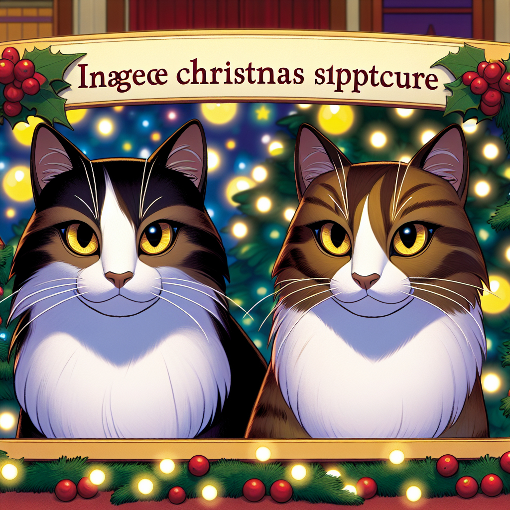 The cartoon unfolds a Christmas spectacle where well-proportioned adult cats showcase coats of white and brown, accentuated with black. The glow of their yellow eyes adds to the warmth of the holiday theme.
.
Made with ❤️ by AI.