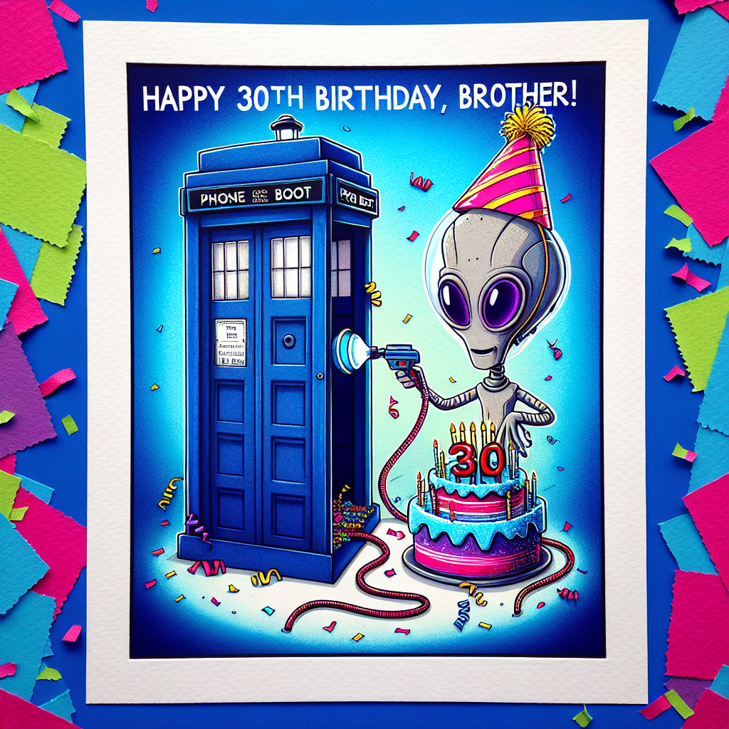 Design a lighthearted birthday picture featuring a quintessential blue phone booth in the core, enclosed by vibrant paper shreds. An amusing alien robot donning a party headgear holds out a suction tool to offer a fanciful birthday cake decorated with the numerals '30' as candles. The inscription 'Happy 30th Birthday, Brother!' is delivered in a font styled after a popular British sci-fi series, emphasizing the theme of festivity.
Generated with these themes: Dr Who, Tardis, Dalek , Birthday cake , and 30th birthday brother .
Made with ❤️ by AI.