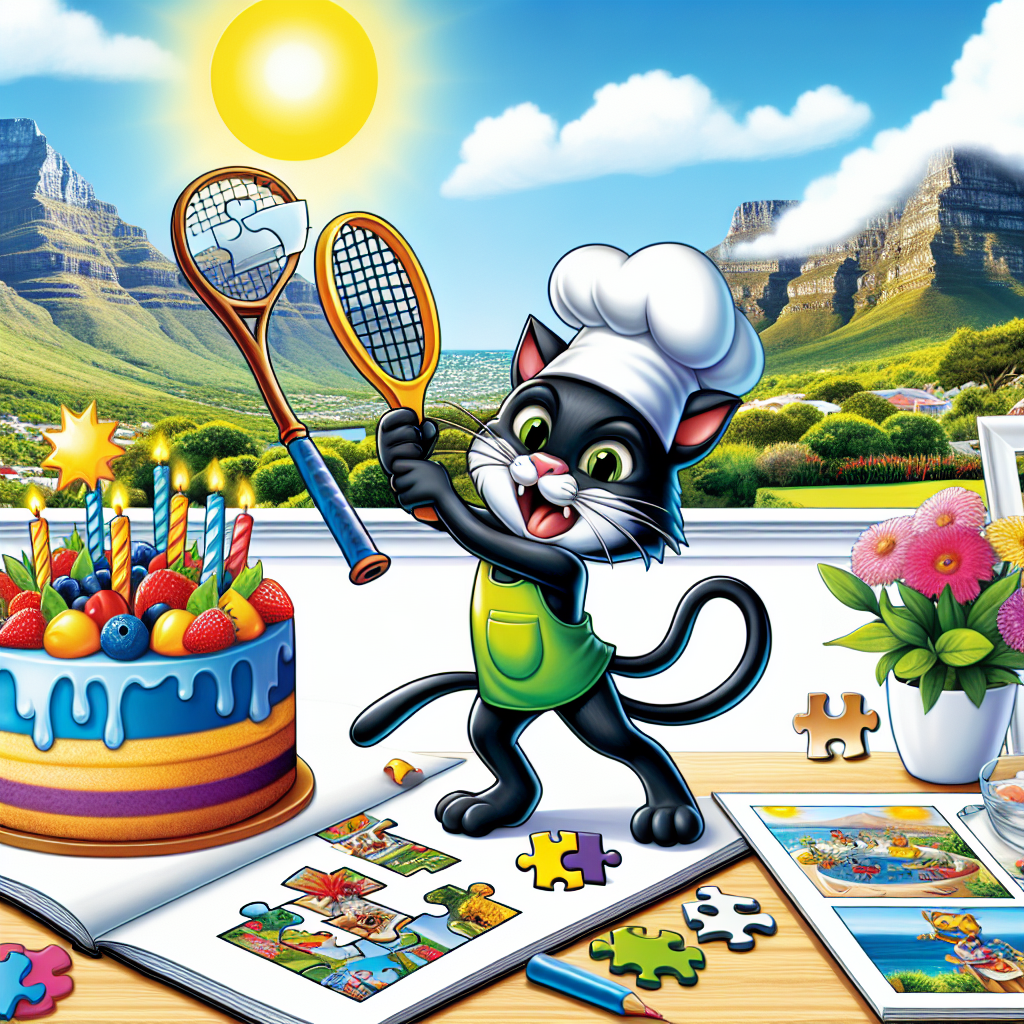 Illustrate a vibrant, amusing cartoon theme centered around a birthday. Picture a mischievous black cat donning a chef's hat, engaged in a game of tennis with a racket clasped in one paw and a puzzle piece in the other. Set this dynamic scene against a bright, sunny South African landscape, with the iconic Table Mountain serving as a picturesque backdrop. Adorn the foreground with elements typical of a lush garden, and position the cat adjacent to a scrapbook-style birthday cake layered with playful, edible photos.
Generated with these themes: Black cat, Tennis, South Africa , Baking , Scrapbooking, Puzzles, and Gardening.
Made with ❤️ by AI.