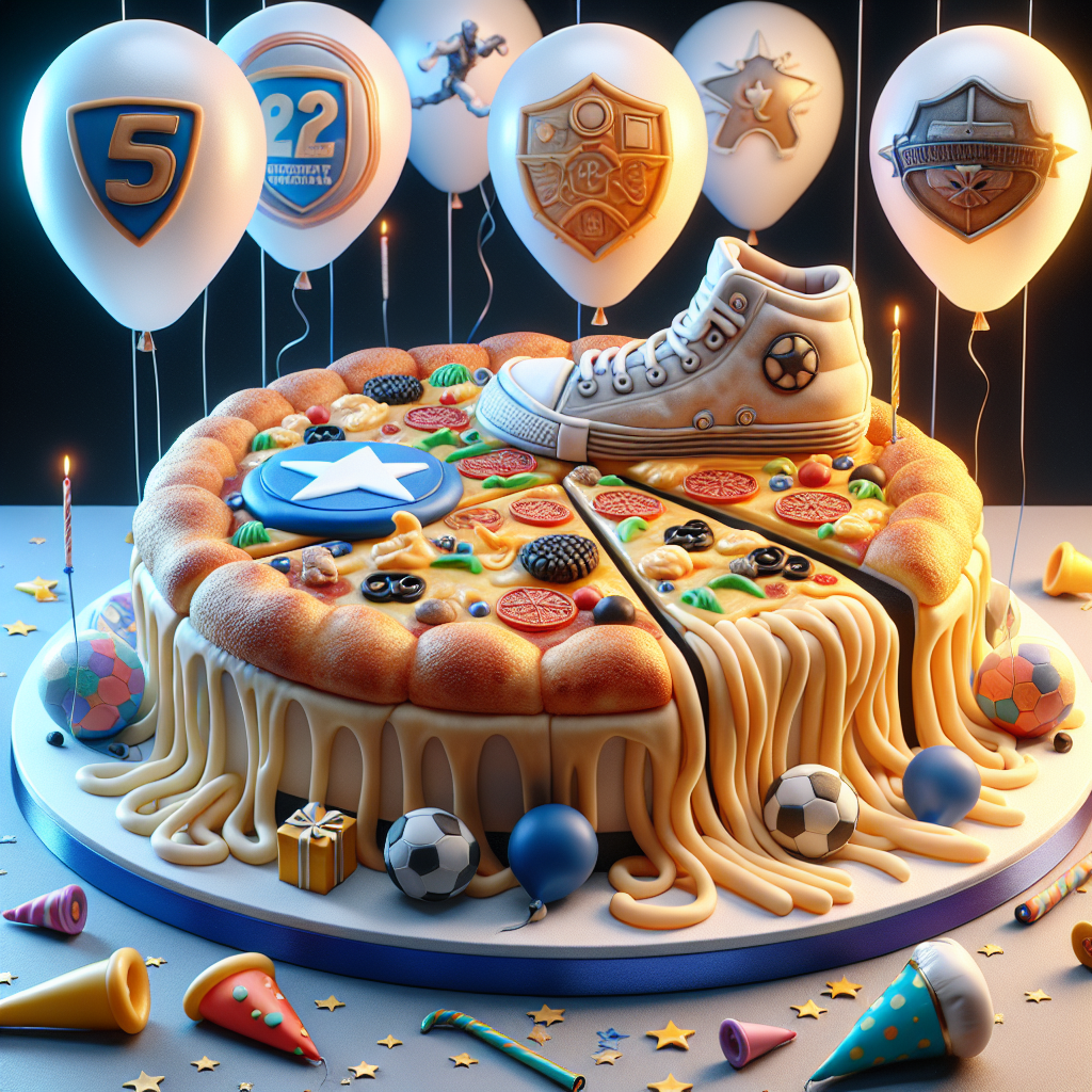 An engaging and realistic birthday scene is taking place, where a meticulously designed cake in the shape of a pizza is the main focus, complete with detailed icing that gives the visual representation of melting cheese and various toppings. Party balloons filled with helium float in the background, each one reflecting an interest of the birthday person: there is a balloon shaped like a running shoe, capturing the vitality of a sprinting runner in action; another balloon displays a generic hero's shield, evoking stories of bravery; and a final balloon is stylized as a mystical orb of an adventure-filled game, suggesting journeys of friendship and fun.
Generated with these themes: Pizza, Running, Marvel, and Pokemon.
Made with ❤️ by AI.