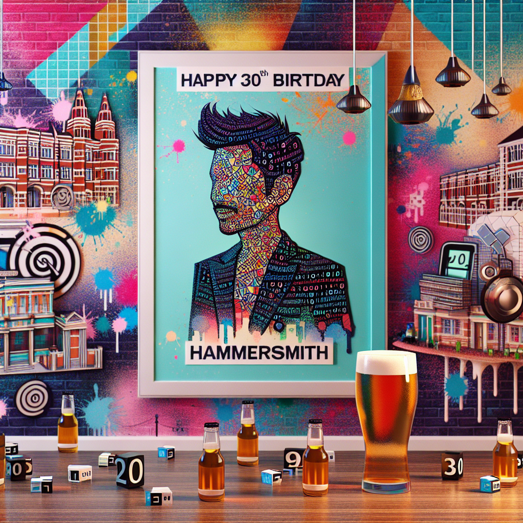 A vibrant room decorated with splashes of abstract colors and geometric patterns. At the center is a stylized depiction of a short-haired South Asian man celebrating his 30th birthday. A distinct Hammersmith atmosphere is conveyed through artistic interpretations of familiar landmarks intricately blended into the design. The scene is complemented by elements mirroring a passion for coding, such as patterns of binary code and pixelated decorations. To finish the scene, small beer glasses are randomly scattered across the room, subtly acknowledging a fondness for unique drinking preferences.
Generated with these themes: very short haired Indian man, 30th birthday, lives in Hammersmith, likes coding, drinking beer from very small glass.
Made with ❤️ by AI.