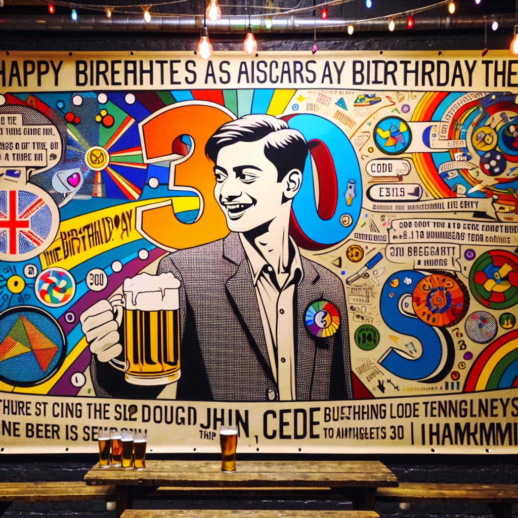 Craft an image depicting an abstract birthday theme manifested through bold shapes and vivid colors that dominate the room. Visualize banners holding the animated illustration of a short-haired South Asian man, with joy radiating from his face as he stands beside a huge '30', signifying his 30th birthday. The scene should exhibit a blend of personal and whimsical elements, echoing the eclectic style often connected to enigmatic places such as Hammersmith. Minute details are important here - tiny beer glasses, various coding symbols, and run-throughs of code sequences adorn the place, introducing a personalized touch that mirrors the birthday man's interests.
Generated with these themes: very short haired Indian man, 30th birthday, lives in Hammersmith, likes coding, drinking beer from very small glass.
Made with ❤️ by AI.