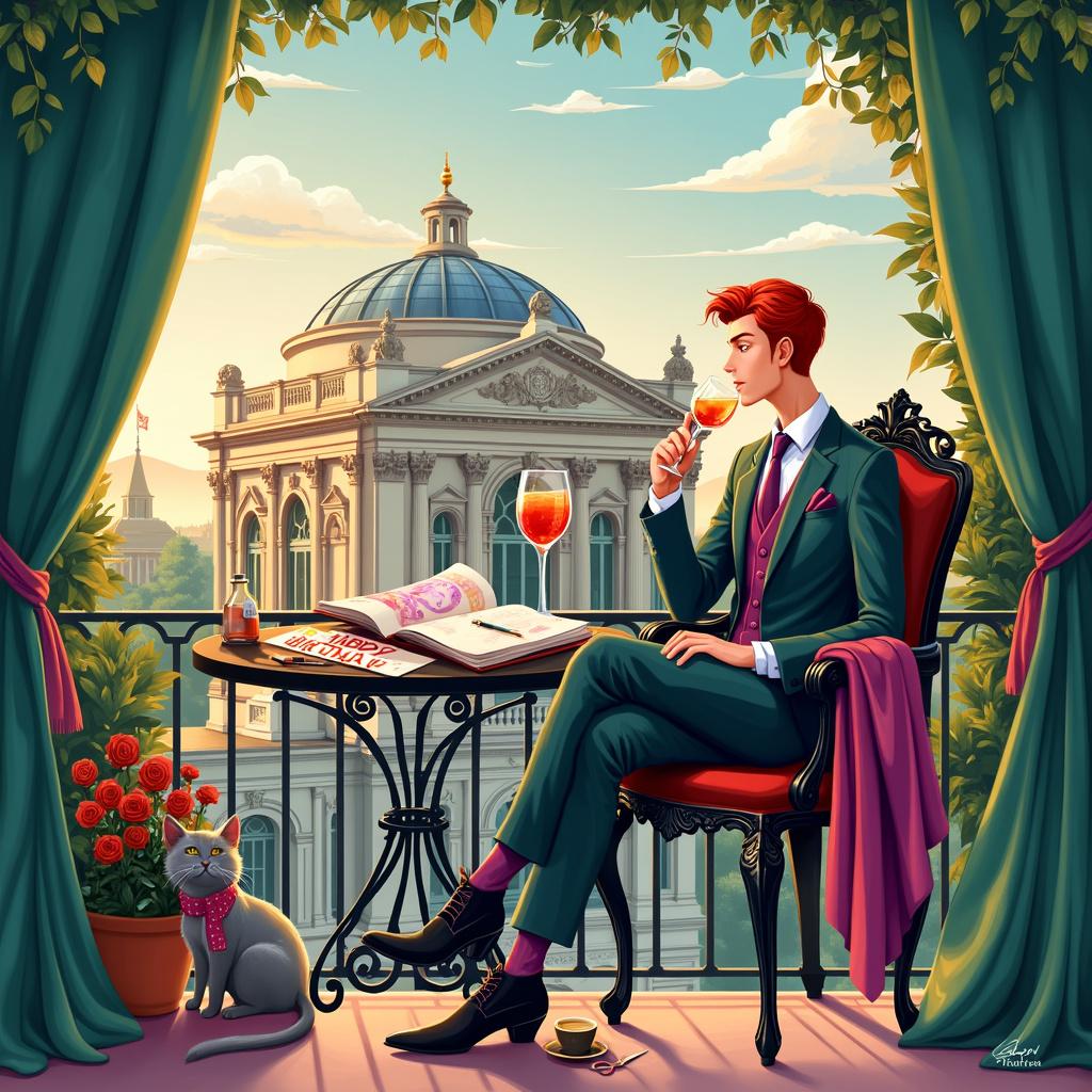 The birthday card illustration presents a whimsical and vibrant scene on a charming balcony in Vienna. A slender, red-haired man, dressed in a stylish vintage suit, sits comfortably on an elegant wrought-iron chair, savoring a Campari drink from a delicate crystal glass. The balcony is beautifully adorned with draped silk fabric in rich, jewel tones of emerald green and royal purple, flowing gracefully in the gentle breeze. In the background, the majestic Vienna Opera House stands prominently, its grand architecture detailed with intricate carvings and illuminated by the golden glow of the setting sun. Beside him on a small round table, an open fashion designer's sketchbook reveals exquisite dress designs inspired by traditional Styrian costumes, accompanied by a pincushion and a pair of scissors. A potted plant, bearing a tiny 'Happy Birthday Pauli' banner in vibrant colors, adds a personal touch to the scene. Above the opera house, fluffy clouds whimsically spell out 'Pauli,' creating a celestial birthday greeting. Meanwhile, a playful gray cat, adorned with a tiny scarf made of the same silk fabric, paws at a boba tea cup, causing the pearls to dance inside. This enchanting and detailed scene artfully combines elements of Viennese culture, fashion, and playful whimsy to celebrate Pauli's special day.

Generated with these themes: A slender red-haired man sitting on a balcony in Vienna sipping a Campari drink, the Vienna Opera in the background, fashion designer, Styrian inspiration, boba tea, and draped silk fabric.  
Made with ❤️ by AI.