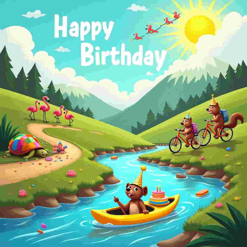 Picture this: a vibrant and whimsical birthday scene set in a sun-kissed, idyllic outdoor adventure land. In the foreground, a bright yellow kayak glides effortlessly down a sparkling, azure river that twists through the lush landscape. A cartoonish dog wearing a little captain’s hat paddles with its paws, a wide grin stretched across its face, bringing a playful charm to the scene. Alongside the river, a wide dirt path meanders through rolling green hills, where two bicycles with rainbow-colored streamers dangling from their handlebars zip by, each ridden by animated squirrels sporting tiny cycling helmets. 

To the left, a group of friends is setting up a quirky birthday picnic at the base of a scenic hiking trail that leads up to a majestic hill. Their backpacks are thrown around haphazardly, spilling out confetti and balloons. One particularly excited turtle, wearing a party hat, is enthusiastically hiking up the hill, its shell painted with a rainbow-colored birthday cake complete with candles. 

In the sky, a radiant sun beams down, its rays artistically spelling out "Happy Birthday Sarah" in playful, fluffy white clouds, as if the very atmosphere is joining in the celebration. Birds, clad in party hats, carry a banner across the sky that further emphasizes the festive message. A flock of pink flamingos can be seen kayaking in formation nearby, their beaks adorned with tiny birthday whistles. This delightfully detailed and humorous scene captures the essence of adventure and celebration, with every element contributing to a memorable birthday card for Sarah.
Generated with these themes: Sun, Kayaking , Cycling, and Hiking.
Made with ❤️ by AI.