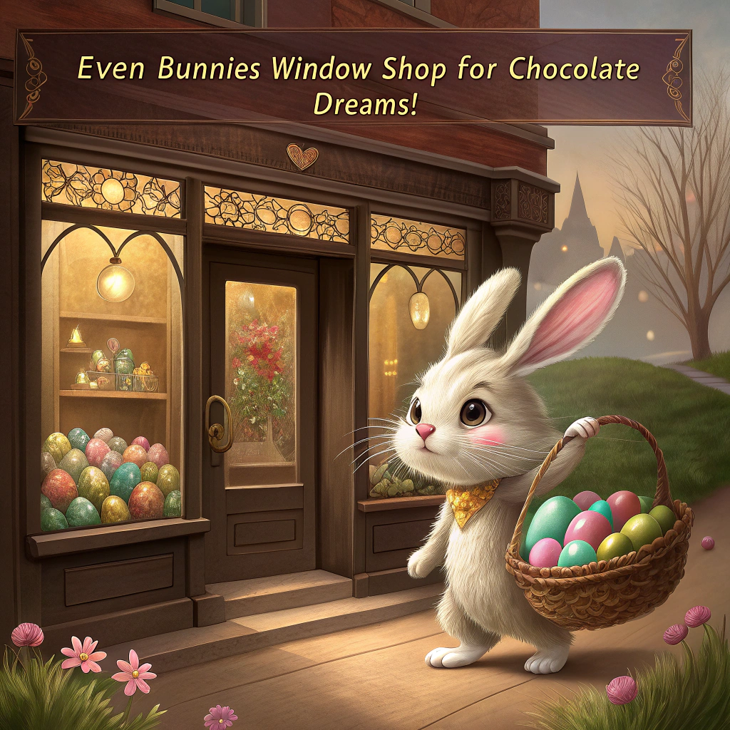 At the top of the image, "Even bunnies window shop for chocolate dreams!"

– Create a realistic photograph-style scene with a soft, warm, vintage spring glow. An irresistibly cute Easter bunny with oversized, expressive eyes and soft fluffy fur stands on its hind legs outside an old-fashioned chocolate shop. The bunny wears a tiny woven basket over one paw, filled with a few colorful Easter eggs and flowers.

– The chocolate shop window is richly detailed—vintage gold signage above the glass reads “Happy Easter” in elegant hand-lettered script. Behind the window, shelves brim with foil-wrapped chocolate eggs, hand-painted Easter confections, chocolate bunny sculptures, and pastel sugar treats in glass jars.

– The shopfront has antique charm: weathered wood panels, lace curtains, and a flower box below the window spilling over with daffodils and tulips.

– Reflected subtly in the shop window: the bunny’s mesmerized little face peering in.

– The atmosphere is cheerful, whimsical, and filled with gentle Easter nostalgia—perfect for a greetings card that makes your heart hop.
Generated with these themes: Cute Easter bunny with big cute eyes, Old fashioned style chocolate shop full of Easter eggs, Easter bunny carrying a basket and looking in the window of the chocolate shop, and Happy Easter written on the shop.
Made with ❤️ by AI.