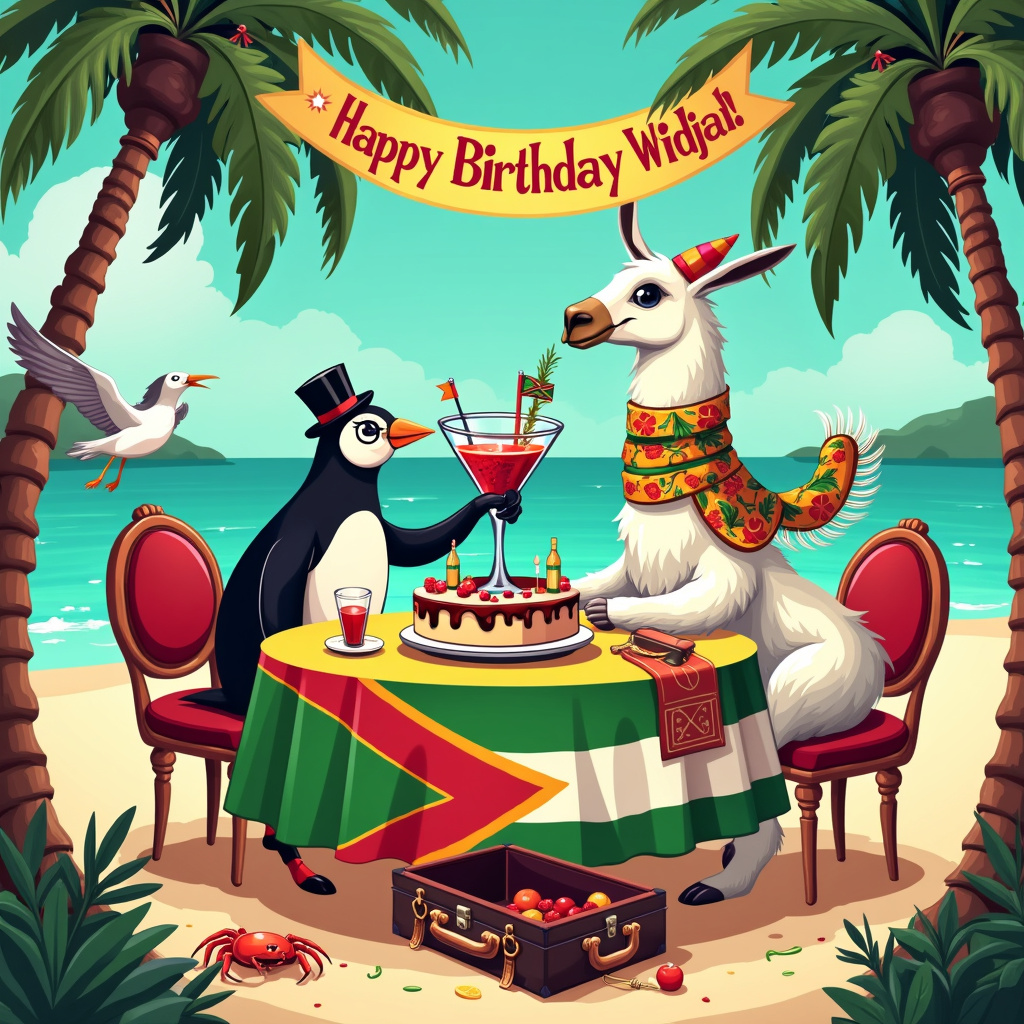 In this vibrant and whimsical birthday card scene, we're diving into a dynamic celebration for Widjai, bursting with quirky elements and a tropical twist!

Imagine a sun-drenched beach where palm trees sway in a gentle breeze. The focal point is a round table draped with a colorful tablecloth featuring the vivid colors of the Suriname flag: green, white, red, and yellow. Atop the table, a large, intricately detailed birthday cake stands tall, adorned with miniature flags of Suriname waving from toothpicks.

Sitting around the table are cartoonish, lively characters with exaggerated features, each holding a distinctive drink. On the left, a dapper penguin with a monocle and top hat sips an espresso martini from a martini glass that's frosted with coffee beans and has a tiny espresso cup charm dangling from the stem. To the right, a jovial llama in a party hat, with a long scarf featuring a pattern of gin bottles, sips from an oversized gin balloon glass garnished with sprigs of rosemary and slices of lemon.

The background features a sprawling beach with sparkling turquoise waves gently lapping the shore. In the sky, a banner flies from the tail of a whimsical seagull, fluttering with the message, "Happy Birthday Widjai!" in bold, playful letters.

Alongside the table, there's a vintage suitcase, open and overflowing with party supplies: balloons, streamers, and confetti, spilling onto the sand. A cheeky crab with sunglasses holds a tiny cocktail umbrella, adding to the festive vibe.

The entire scene is drawn in a vibrant, vector-art style, with crisp lines and bold colors, taking cues from the detailed, graphic styles of Patrick Seymour and the playful compositions of Geo Law. The result is an exuberant, tropical birthday celebration that seamlessly weaves together the themes of espresso martinis, gin, and the Suriname flag, all while delivering a quirky, joyous tribute to Widjai’s special day.
Generated with these themes: Espresso martini, Gin, and Suriname flag, Happy Birthday Widjai .
Made with ❤️ by AI.