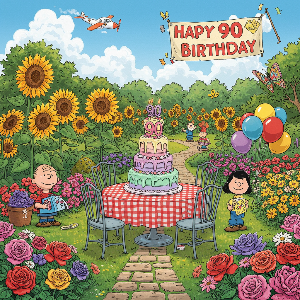 **Front Cover Description:**

The scene captures a whimsical garden bursting with vibrant colors, where a grand 90th birthday celebration is underway. Picture a garden similar to a "Peanuts" comic strip, but infused with the magical charm of Disney's palette. 

**Background and Setting:**
- The sky is a clear, azure blue with fluffy white clouds reminiscent of Winsor McCay's dreamlike "Little Nemo in Slumberland."
- Tall, exaggerated sunflowers stretch towards the sky, their large, smiling faces resembling the expressive style of Osamu Tezuka’s characters.
- A winding cobblestone path meanders through the garden, inspired by the detailed backgrounds of Hergé's "Tintin," lined with bushes of multicolored roses and daisies.

**Birthday Scene Elements:**
- A large round table at the center, similar to something out of a Charles Schulz neighborhood picnic, adorned with a checkered red and white tablecloth.
- On the table, an enormous, cartoonish three-tiered cake towers high, its frosting an explosion of pastel colors—lavender, mint green, and baby pink—akin to the vivid hues used by Bill Watterson in "Calvin and Hobbes." The cake is topped with a gigantic "90" shaped candle, already lit.
- A cluster of oversized balloons in primary colors—red, blue, yellow—tied to the back of each garden chair, reminiscent of Gary Larson’s playful "The Far Side" scenarios.

**Characters and Details:**
- Comically exaggerated, smiling garden gnomes are scattered about, akin to R. Crumb’s quirky figures, each holding a bouquet of flowers.
- A butterfly with vivid, intricate wing patterns flutters by, paying homage to Will Eisner’s detailed character designs.
- In the sky, a plane with a trailing banner reads “Happy 90th Birthday” in bold, lively script, echoing the dynamic style of Art Spiegelman's lettering.

**Foreground Accents:**
- A small, cartoonish squirrel holds a piece of cake, mirroring the mischievous touch often seen in Hergé’s animal illustrations.
- A decorative signpost with exaggeratedly large numbers "90" acts as a focal point, nestled among the garden's lush foliage.

**Overall Composition:**
- The layout blends the humor and playfulness of Schulz and Larson with the detailed vibrancy of McCay and Tezuka, creating a scene that is both lively and intricately crafted.

This playful and jubilant illustration sets the perfect stage for celebrating a monumental 90th birthday amidst a charming, cartoon-inspired garden.
Generated with these themes: 90th Birthday , Garden, Flowers, Cake, Balloons , and .
Made with ❤️ by AI.