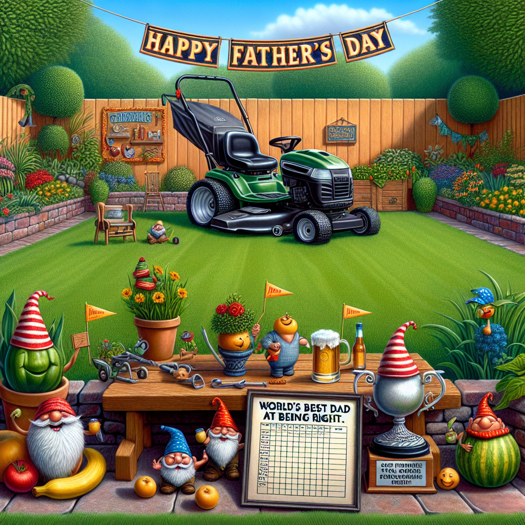 A picturesque illustration of a vacant, verdant backyard garden with an outsized, exaggerated lawnmower stationed dominantly on a neatly manicured lawn. Cheerful plants and vegetables have adorned themselves with miniature hats and hoisting banners jubilantly stating 'Happy Father's Day.' Resting on a rustic garden bench, a large glistening trophy proudly stands with the engraving 'World's Best Dad at Being Right.' A group of playful garden gnomes are presenting scorecards with perfect tens. In the background, a playful banner humorously declares, 'Gone Gardening - The Ultimate Dad's Escape.'
Generated with these themes: Gardening, Being right, and Being a dad.
Made with ❤️ by AI.