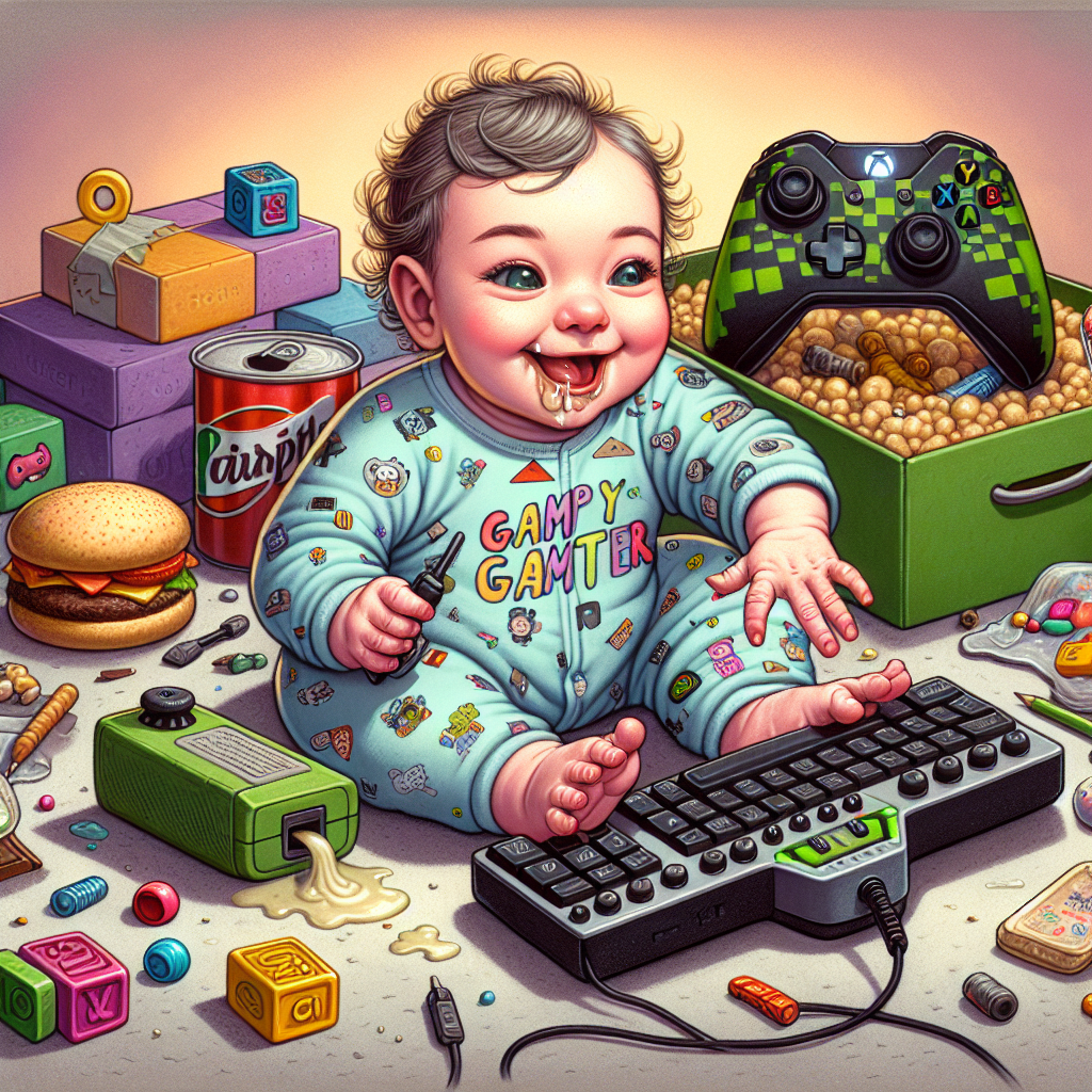 An illustration for Father's Day presenting a cheerful baby dressed in a whimsical gaming-themed onesie, busy interacting with a toy version of a PC gaming setup. The tiny individual seems fascinated by the mini keyboard and a petite, blinking mouse. Adjacent to the baby, a drool-covered Xbox controller in shades of green and black sits. The room around the baby is a merry chaos of items depicting a father's interests. Amidst vibrant blocks and squishy plush toys, different types of food can be seen scattered - a lone slice of pizza, an unfinished hamburger, and a dish filled with chips, hinting at a joyous, albeit untidy, gaming session in the absence of an adult. The illustration celebrates fatherhood, gaming, and a hint of delightful disorder.
Generated with these themes: Baby, Pc gaming, Xbox , and Food.
Made with ❤️ by AI.