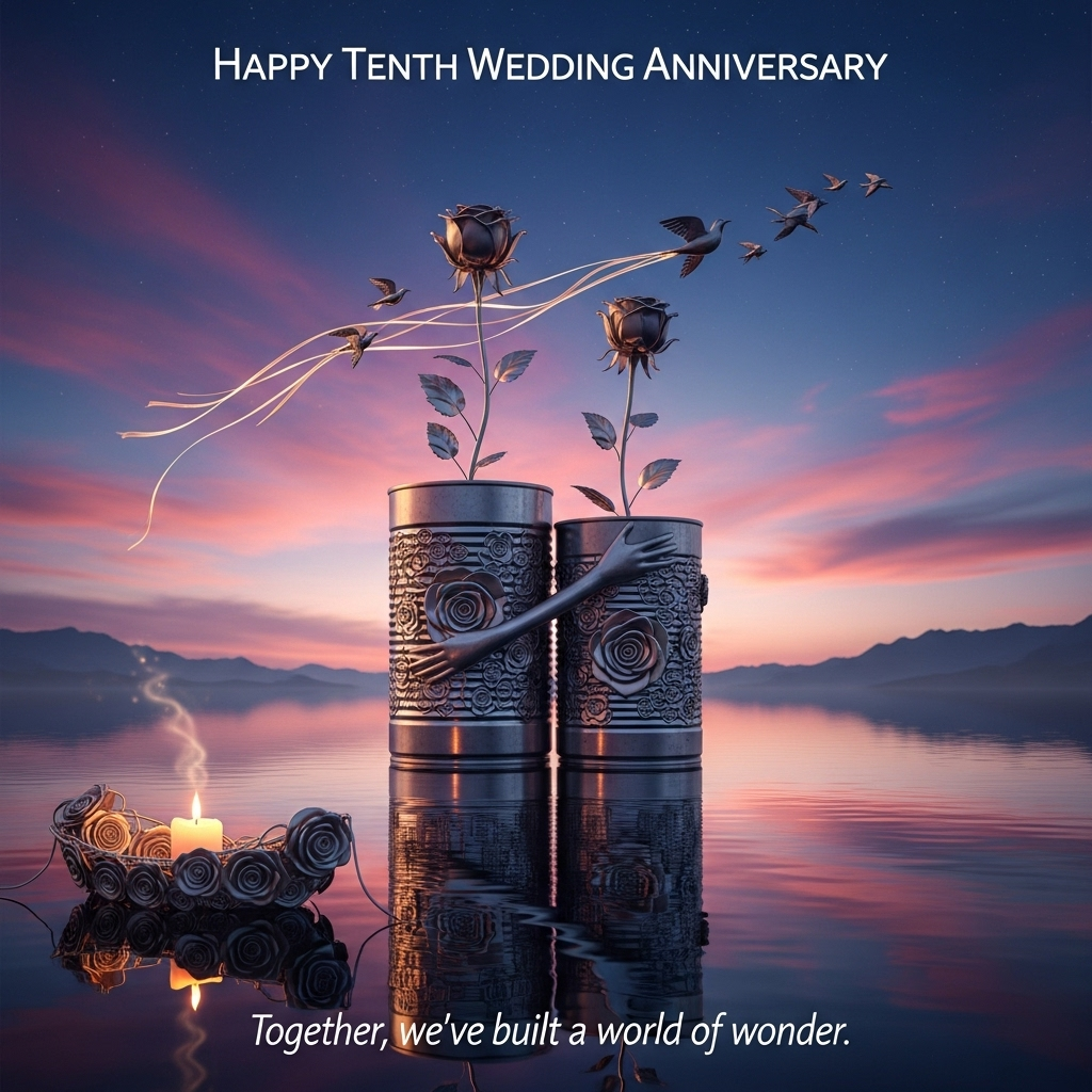 At the top of the Surreal Style image, include the text: **Happy Tenth Wedding Anniversary**

---

**Image Description:**

In a dreamlike landscape, a pair of giant tin cans, intricately engraved with floral motifs, stand embraced in the middle of a vast, reflective lake. Their surfaces shimmer in the ethereal, twilight glow, casting long, surreal shadows that seem to dance on the water’s surface. Delicate, metallic roses sprout from the tops of the cans, their petals unfurling towards a sky painted in swirling hues of magenta and azure. Above, a flock of whimsical, tin birds glide effortlessly, trailing ribbons of light. In the foreground, a small boat made entirely of intertwined tin roses drifts lazily, carrying a single, softly glowing candle. A whisper of a breeze carries the scent of nostalgia and eternal love through the surreal scene, capturing the essence of a decade-long journey. 

---

**Additional Text on Image:**

"Together, we've built a world of wonder."
Generated with these themes: Tin, and .
Made with ❤️ by AI.
