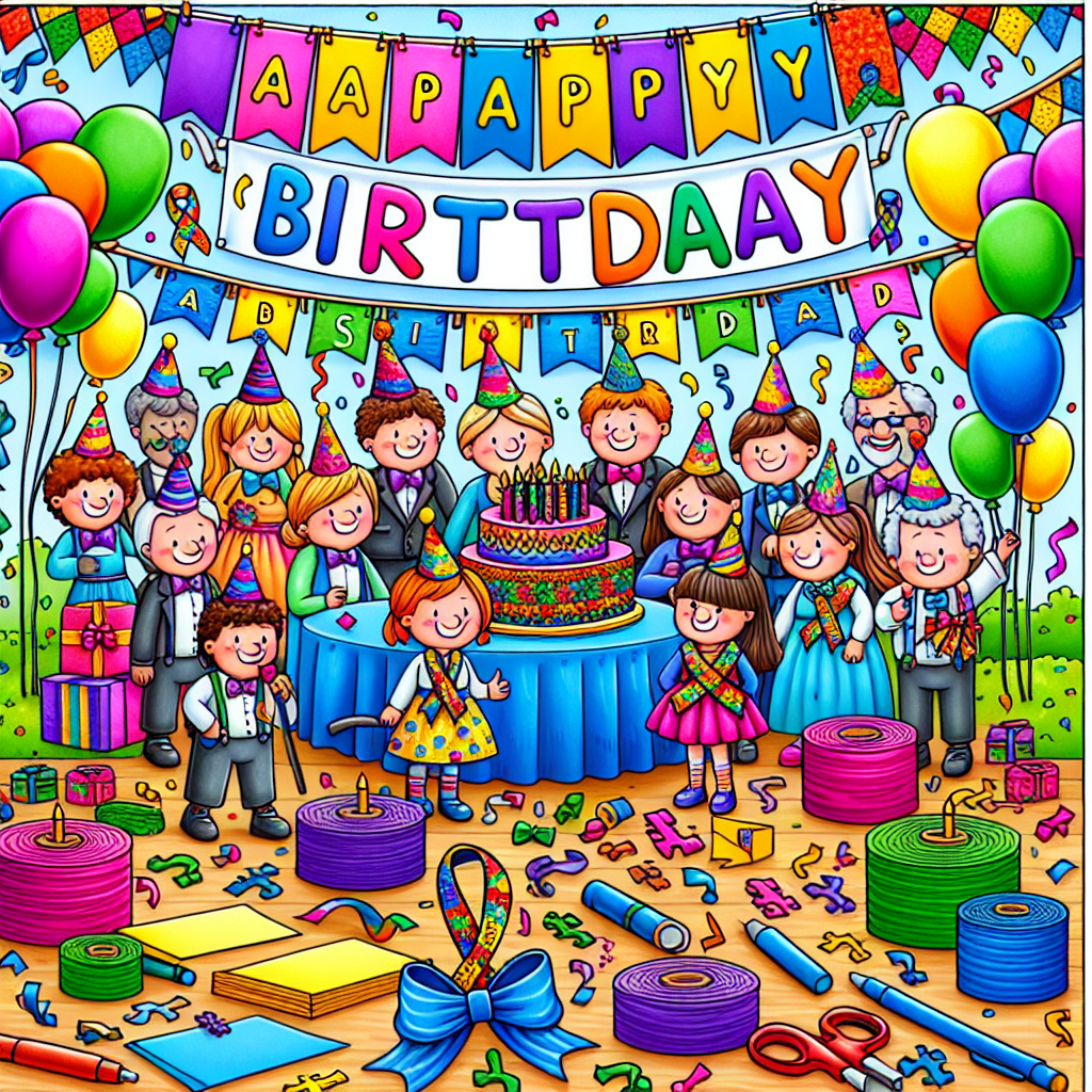 Illustrate a lively scene portraying a delightful, cartoon-style birthday party. The backdrop is festooned with a cheerful banner, inscribed with the words 'Happy Birthday' in striking, welcoming letters. A few jovial characters of varied descents and genders, adorned with round, affable lines, are present at the bash, each adorning a ribbon showcasing an autism awareness pattern. Crafting ingredients like vibrant sheets of paper, festive ribbons, and bright markers are sprinkled around the venue, highlighting an aura of inclusive, creative happiness.
Generated with these themes: Autism awareness, and Crafting.
Made with ❤️ by AI.