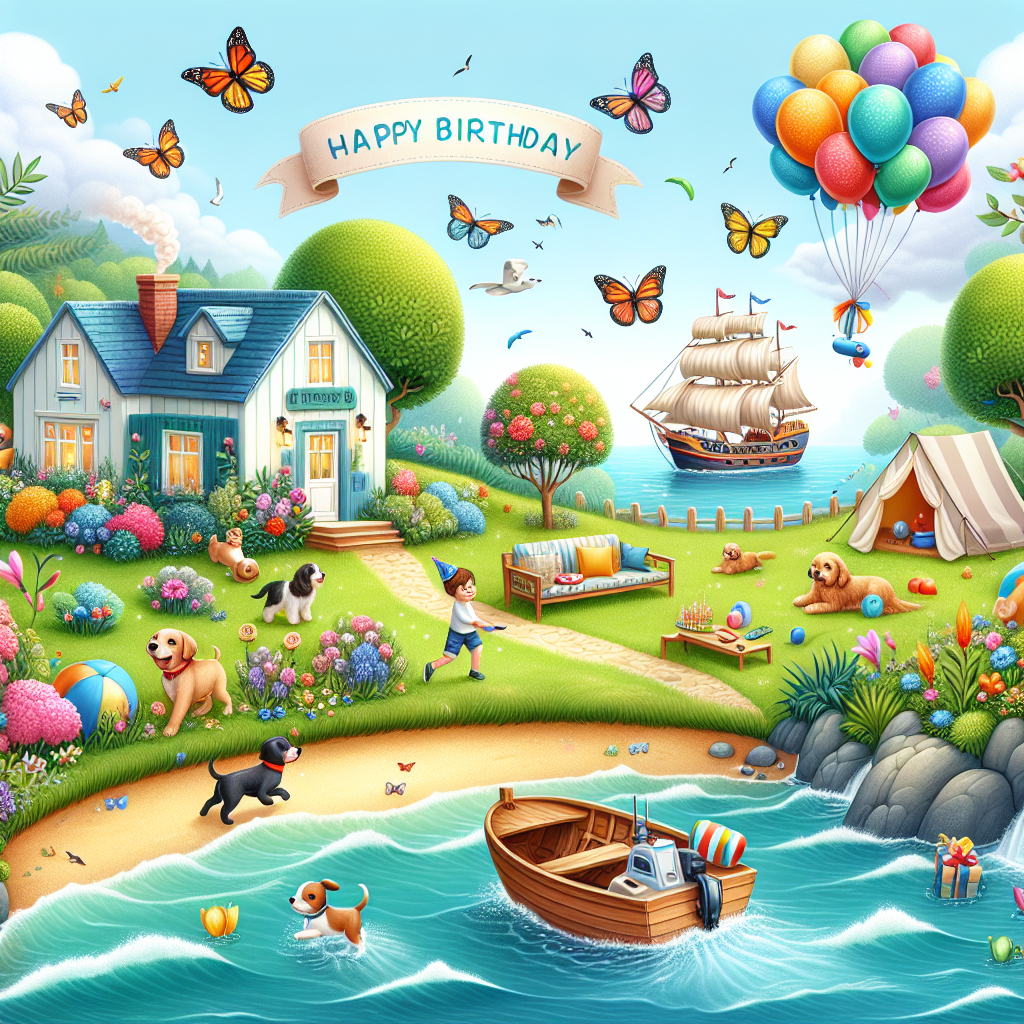 Create an endearing illustration to celebrate the birthday of a generic male sibling, with a sprawling garden encircling a homely beach abode. A nautical vessel bobs on the gentle waves nearby, symbolising his affinity for the ocean. Butterflies joyously dance about amidst vibrant blossoms, while a colourful selection of balloons playfully float in the wind. Merry little canines are seen gallivanting around, playfully pursuing each other, and towards one side, a serene camping arrangement has been depicted, complete with a tent and a miniature bonfire.
Generated with these themes: Brother Mark, Garden, Beach house, Sailing boat, Butterflies, Camping, Balloons, and Puppies.
Made with ❤️ by AI.