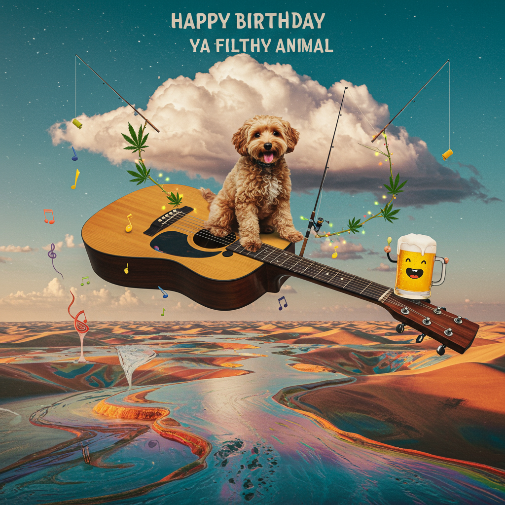 Guitar, pet cockapoo dog, fishing, marijuana, beer, and Birthday Card