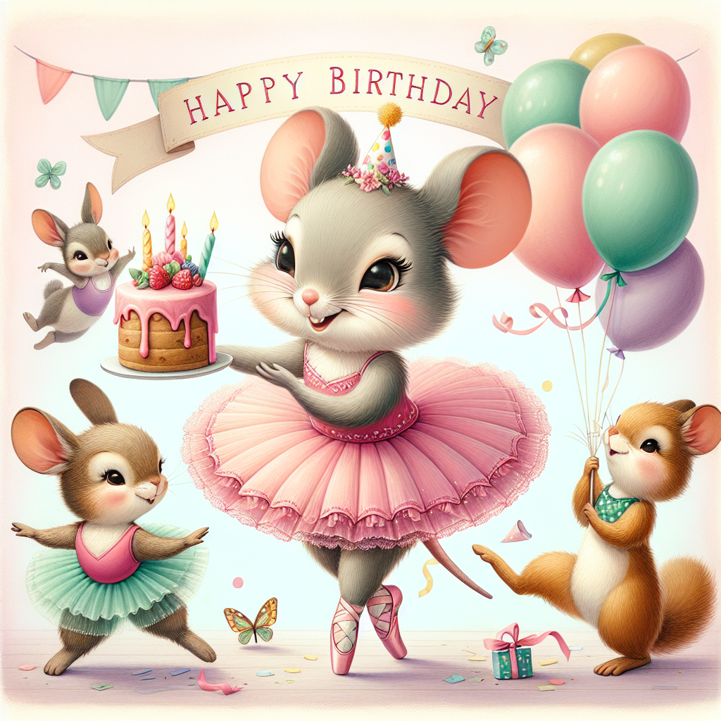 Generate an enchanting birthday-themed image, featuring a group of endearing animals donned in ballet costumes. The central figure is a jovial mouse, clothed in a vibrant pink tutu and holding a birthday cake. This mouse is encircled by a rabbit and a squirrel, both adorned in leotards, on their tiptoes, and prepared to commence their dance. The festive ambiance of the scene is amplified by the presence of balloons, flutters of confetti, and a banner proudly proclaiming 'Happy Birthday'. All these elements stand out against a gentle, pastel colored backdrop.
Generated with these themes: Ballet.
Made with ❤️ by AI.