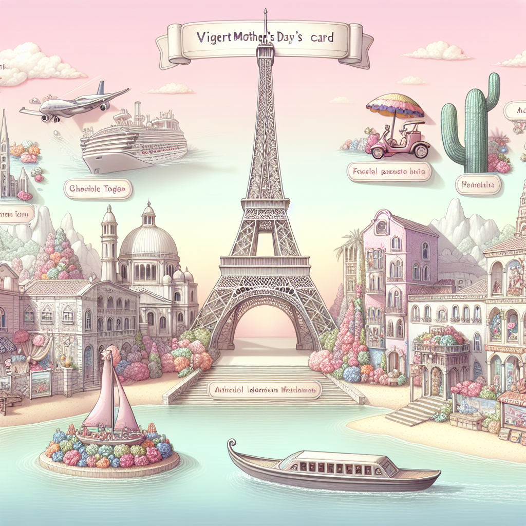 Visualize a scene set against a darling pastel-colored backdrop, evoking the sentiment of a Mother's Day card. Central to the composition, a detailed representation of the Eiffel Tower pins the location to Paris. To its right, elicit a sense of enchantment with a fancifully drawn castle, not unlike those seen in fairy tales. To the left, include a small, appealing animated cruise ship sailing on a tranquil ocean, its destination suggested as the Canary Islands by way of a group of colorful, charming cacti and a caricatured palm tree. Completing the scene in the foreground, feature a gondola smoothly sailing along an artistically rendered canal, introducing a romantically serene sensation of Venice.
Generated with these themes: Paris, Canary islands, Cruise, Venice, and Disney castle.
Made with ❤️ by AI.