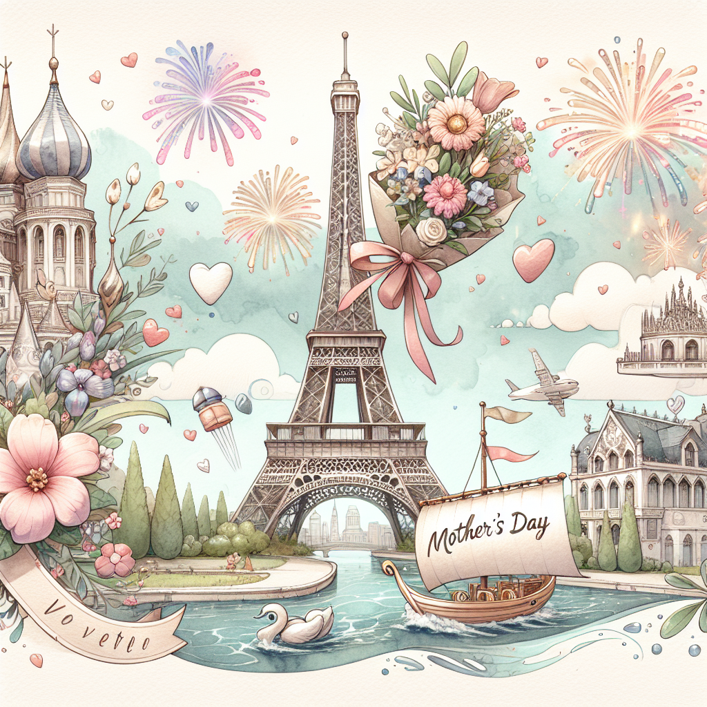 In soft watercolor tones, a charming composition of Mother's Day intertwined with elements of travel is featured. Occupying the center is a playful rendition of a famous iron tower, reminiscent of the stylish streets of a European capital, Paris. Adjacent, a radiant cartoon-like castle sits, surrounded by illuminating fireworks that bedazzle an animated sky. A mini cartooned ship sways on gentle waves, suggesting a trip to a collection of Spanish islands known for their beauty, illustrated through a group of joyful, cartoon-ish plant life. The image is concluded with a lovely stylized boat adorned with flowers, drifting through the channels of a city known for gondolas and waterways, hinting at the peaceful allure of Venice.
Generated with these themes: Paris, Canary islands, Cruise, Venice, and Disney castle.
Made with ❤️ by AI.
