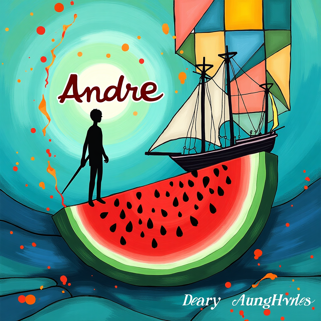 Title: "Birthday Reverie: Andre's Abstract Odyssey"

Visual Description:

**Background:**  
The card's backdrop is an ethereal swirl of deep oceanic blues and vibrant emerald greens, reminiscent of an underwater expanse. Layered on this aquatic canvas, bold, geometric shapes reminiscent of Mondrian's style create a latticework of intersecting lines and angles in primary colors—red, blue, and yellow.

**Foreground Elements:**  
- **Central Shape:** An abstract watermelon is the focal point. The melon is deconstructed into angular slices, each piece showcasing a blend of Kandinsky's free-form style with vibrant colors—fiery reds and zesty greens—juxtaposed against the cool background. The black seeds are reimagined as tiny star-like forms scattered within the slices.
  
- **Character Silhouette:** Inspired by Solo Leveling, a shadowy silhouette of a figure stands with a sword-like object. This figure is minimalist, composed of stark, flowing black lines, appearing almost calligraphic, reminiscent of Twombly's linear art, merging into the scene from one corner.

- **Sailing Ship Element:** From One Piece, an abstract representation of a ship emerges from the watermelon. The ship's sails are rectangular patches of color, inspired by Rothko's expansive canvases, layered with shades of white, beige, and soft pink, billowing against the abstract seascape.

**Decorative Elements:**  
- Scattered across the scene are Pollock-esque splatters in a rainbow of colors, adding dynamic movement and texture to the card. These splatters intertwine with the geometric shapes and organic elements, creating a cohesive yet chaotic composition.

**Textual Element:**  
The name "Andre" is playfully incorporated within the scene, designed in de Kooning's expressionistic style. It weaves through the upper part of the watermelon in a flowing cursive font, as if floating or being carried by a gentle underwater current.

This design blends the structured and the spontaneous, the familiar and the fantastical, offering a unique birthday tribute that transcends conventional themes.
Generated with these themes: Solo Leveling, One Piece, Underwatermelon.
Made with ❤️ by AI.