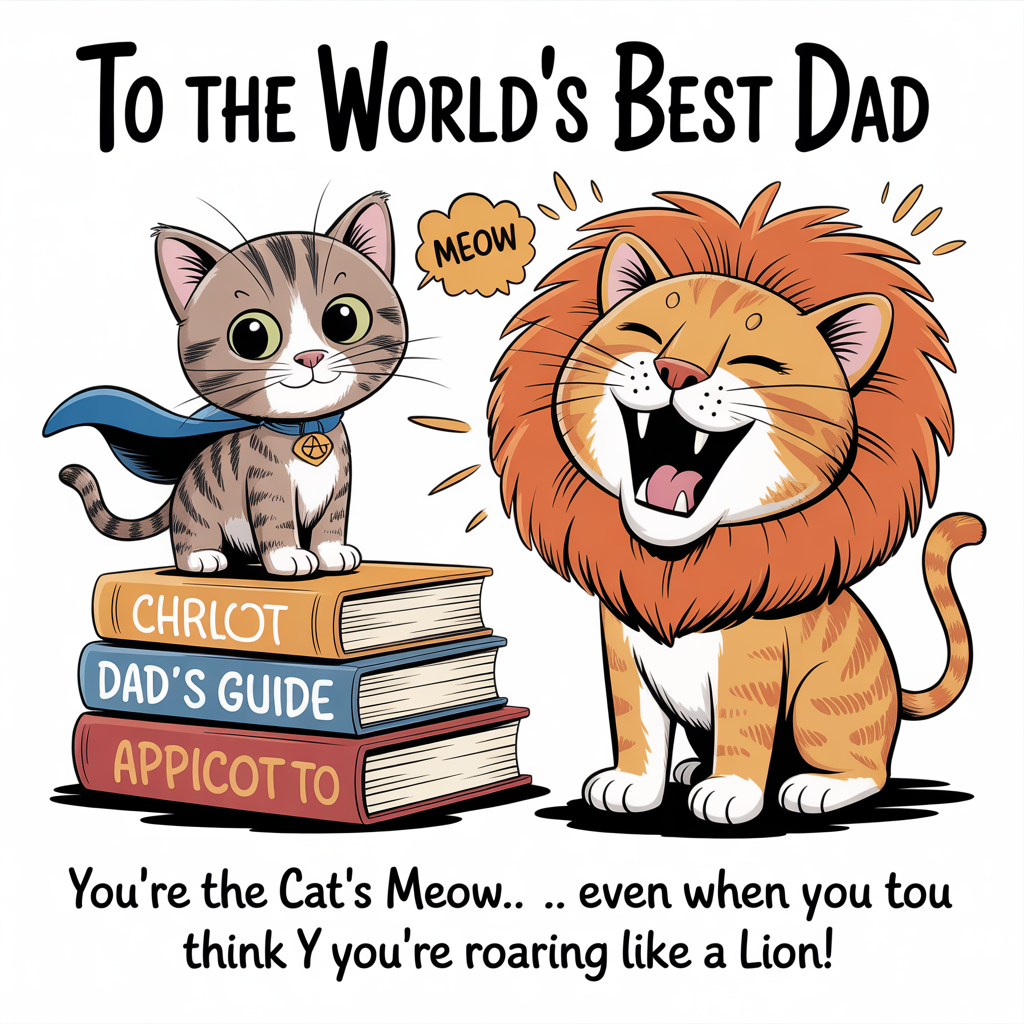 At the top of the image, "To the World's Best Dad":

Add at the bottom of the image, "You're the Cat's Meow... Even When You Think You're Roaring Like a Lion!"

- In the center of the image, depict a playful cartoon scene featuring a Tortie Cat named Chloe and an Orange Tabby Cat named Apricot.
- Chloe is sporting a tiny superhero cape, standing proudly on a stack of books labeled "Dad's Guide to Napping."
- Apricot is comically trying to mimic a lion's roar, his mouth wide open, but only a little "meow" is escaping.
- They are surrounded by bright and exaggerated colors, with their whiskers and tails animatedly swishing in the whimsical cartoon style.
Generated with these themes: Tortie Cat, Chloe and Orange Tabby Cat, Apricot, and .
Made with ❤️ by AI.