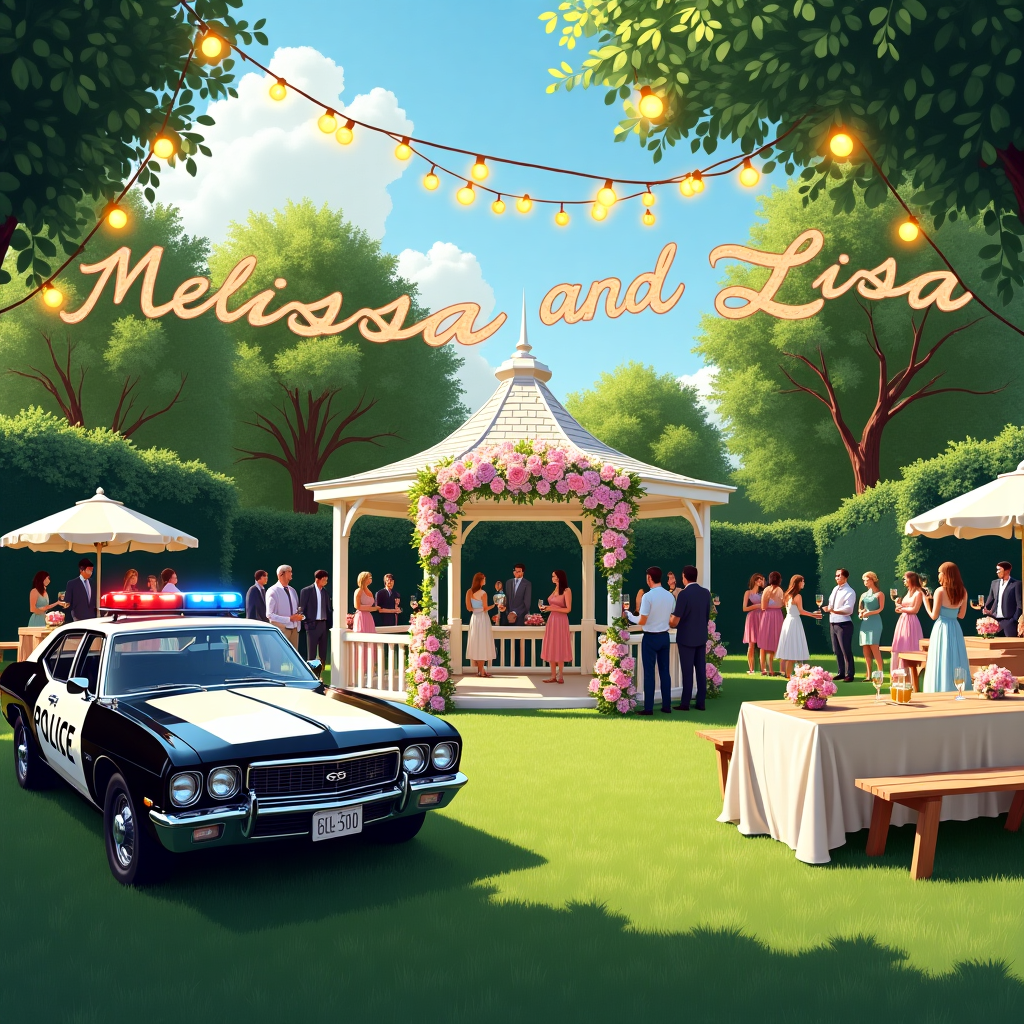 Front Cover Design:

**Background Setting:**

The scene is set in a vibrant pub garden, filled with an array of rich greens from the surrounding foliage. Tall trees border the garden, their leaves whispering gently in a light summer breeze. The grass is a lush emerald green, freshly cut, adding texture to the garden's floor. 

**Centerpiece Elements:**

1. **Wedding Gazebo:**
   - Nestled at the center, a white lattice gazebo adorned with an array of soft pastel flowers—roses, peonies, and hydrangeas in shades of blush pink, lavender, and creamy white. Delicate vines wrap around the structure, enhancing its whimsical charm.

2. **Police Car:**
   - Parked slightly to the left, in the foreground, is a polished police car. It gleams under the soft afternoon sun, its white and black paint contrasting sharply with the surrounding greenery. The light bar atop the car refracts sunlight, creating subtle rainbow hues.

3. **Pub Garden Decor:**
   - Wooden picnic tables dot the garden, each decorated with ivory tablecloths. Small, elegant floral arrangements rest in the center, harmonizing with the gazebo’s blooms. A string of warm, golden fairy lights stretches above the garden, casting a gentle glow.

**Creative Text Element:**

- **Text Location:**
  - Suspended above the gazebo, a banner stretches across, reading "Melissa and Lisa" in elegant, cursive lettering. The text is in a shimmering gold hue, which catches the light, and is bordered by intricate floral motifs, echoing the theme of the surrounding blooms.

**Additional Details:**

- **Sky:**
  - The sky is a clear, cerulean blue, with wisps of white clouds gently drifting, offering a serene backdrop.

- **People and Attire:**
  - Guests, elegantly dressed in summer attire, mingle around the tables. Subtle splashes of color from dresses and suits add liveliness, while guests hold champagne glasses, the sun catching the liquid’s effervescence.

This scene captures a harmonious blend of nature and structured elements, ideal for a memorable wedding greeting card that marries elegance with unique personal touches.
Generated with these themes: Police car, and Pub garden.
Made with ❤️ by AI.