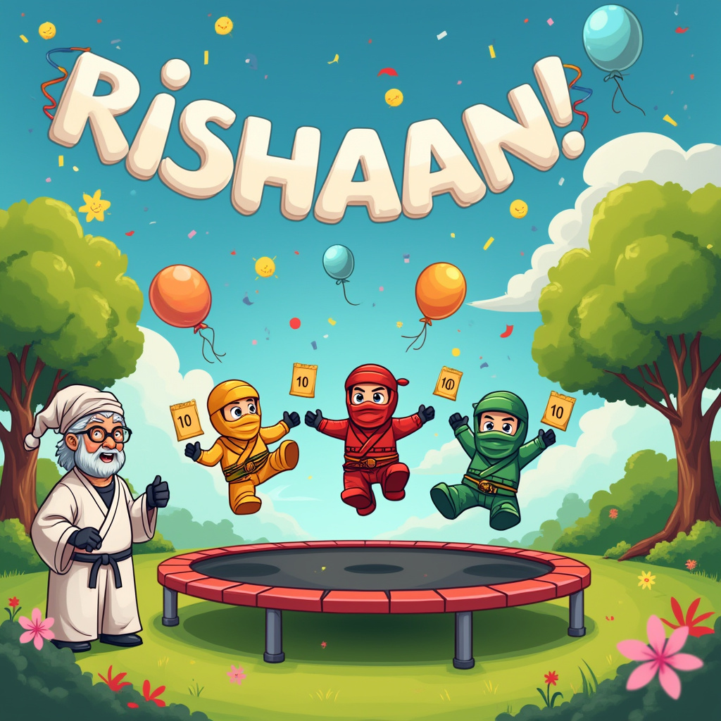 In the foreground of this vibrant cartoon scene, a colorful trampoline sits at the center, its taut surface springing a group of lively, cartoonish ninja characters mid-air, their expressions a mix of joy and surprise. Each ninja wears a bright, distinctive colored outfit reminiscent of Ninjago warriors, with exaggerated facial features that make them endearingly goofy. One ninja, sporting a red headband, is doing an impressive spinning kick, channeling a Taekwondo move, while another in green is somersaulting with a look of ecstatic surprise. 

On the left, a wise, tiny Taekwondo master stands at the edge of the trampoline with a cheeky grin, holding up scorecards reading '10' for each ninja’s mid-air antics, as if officiating an impromptu trampoline contest. His white robe billows with exaggerated movements, and a pair of round spectacles sits at the tip of his nose, giving him a comical yet sage appearance. 

Above the trampoline, the sky is a bright blue canvas with fluffy clouds shaped like Rishaan’s name floating happily across the scene, each letter puffed out like a soft marshmallow. The 'R' cleverly curls like a loop, as if the ninja are aiming their jumps through it. Alongside the name, colorful birthday balloons drift around, with tiny, playful doodles of smiling suns and birds adding charm to the sky.

In the background, a vibrant birthday banner strung between two trees sways gently. The banner is festive with splashes of confetti designs and the words "Happy Birthday, Rishaan!" are written in bold, cheerful letters. The scene is set in a playful, lush park with cartoon trees and flowers sprinkled around, their colors popping vividly against the green grass, making it a joyful backdrop for this birthday adventure.
Generated with these themes: Ninjago, Taekwondo, and Trampoline.
Made with ❤️ by AI.