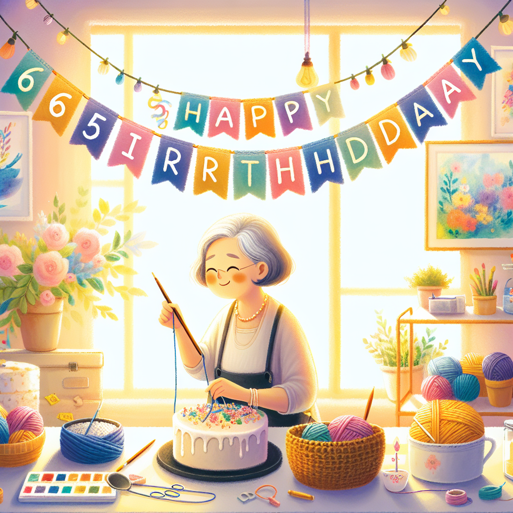 Create a heartwarming birthday illustration showing a character of East Asian descent, happily baking a cake in a cozy crochet corner. The setting is a warmly lit room filled with the subtle brightness of the sun. On the walls, there's a vibrant display of watercolor artwork, effectively portraying the joy of arts and crafts. Strung up high is a festive banner, with 'Happy 65th Birthday' written in colorful, playful lettering, further adding to the celebratory ambience of the scene.
Generated with these themes: Crochet, Water colours, Arts and crafts, Baking, Say Happy 65th Birthday, Fun, and Birthday Cake.
Made with ❤️ by AI.