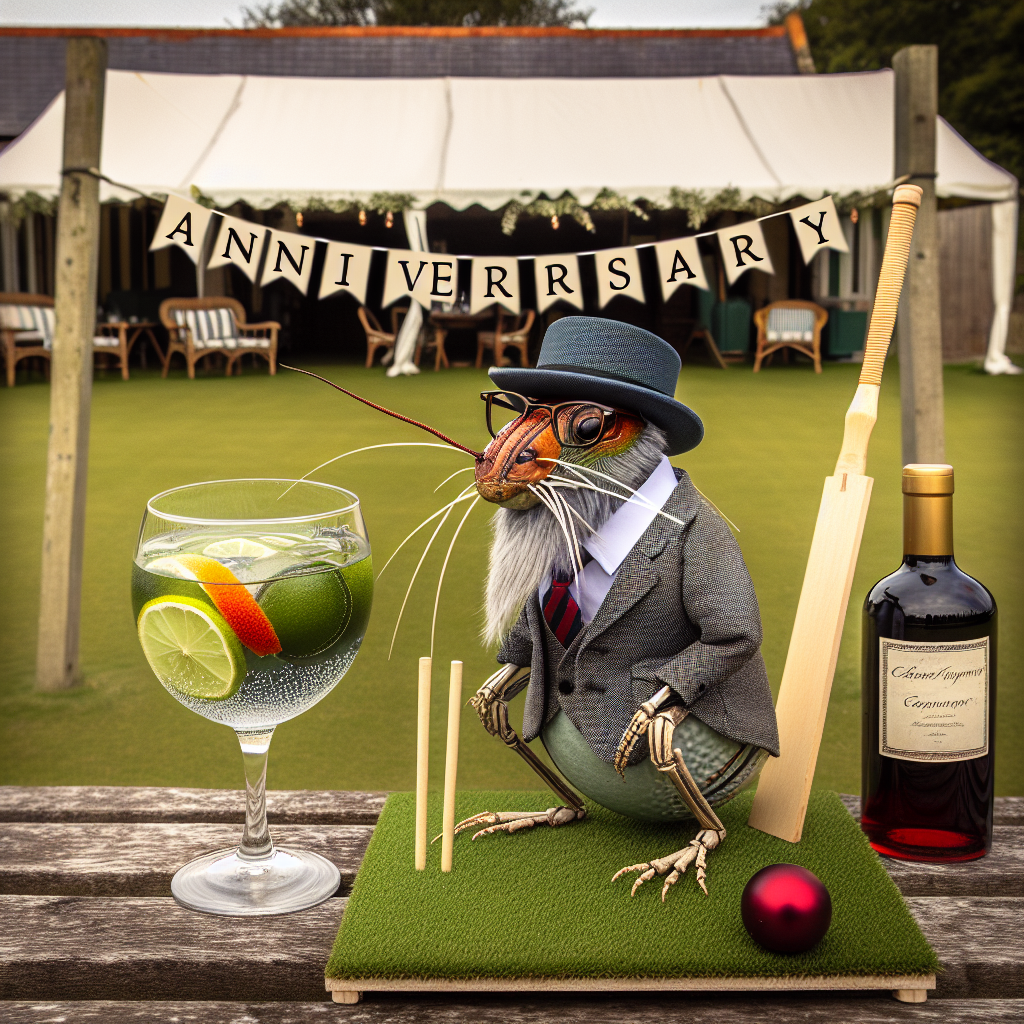 Generate an image of a rural anniversary celebration. At the centre of the image, a cricket dressed scholarly with a cap resembling a head teacher stands on a piece of astroturf serving as a makeshift stage. Overhead a classy 'Anniversary' sign hangs, adding to the festive mood. In the front, a sophisticated setting with a glass of gin tonic and a glass of rich wine is present, hinting at a toast to the achieved milestones.
Generated with these themes: Cricket , Head teacher , Astroturf sign , Gin, and Wine .
Made with ❤️ by AI.
