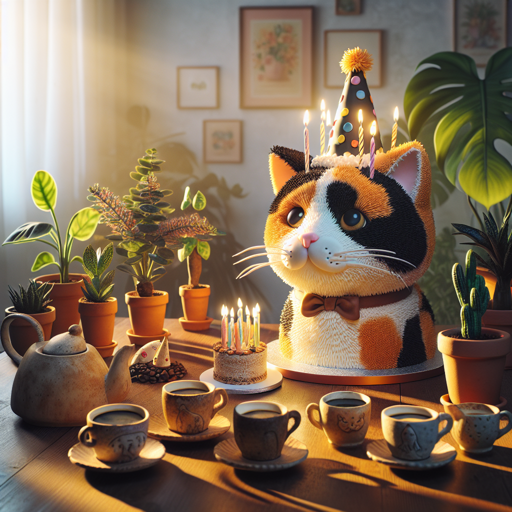Calico cats, Coffee, and Houseplants Birthday Card