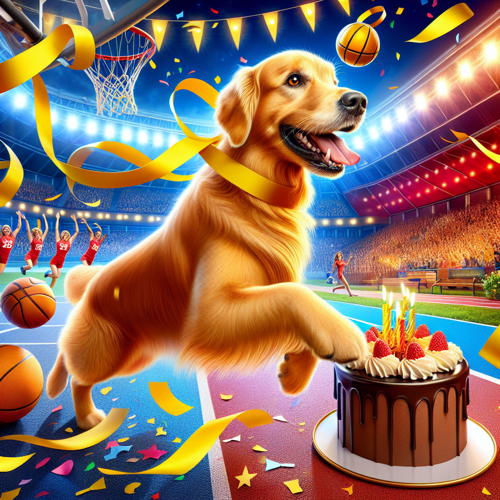 A vibrant scene where celebration meets sports and arts is depicted in this imagery. In the foreground, a golden retriever with a joyful expression, adorned with a yellow ribbon, is bounding towards a netball. This simultaneously symbolizes the playful nature of the pet and highlights the sporting environment. In the background, there's an athletics track that gradually transitions into the iconic red of a musical theatre stage and is complemented with brightly lit spotlights hanging from above. The scene is covered with yellow confetti floating sporadically, imparting a festive atmosphere. Nestled in one corner is a slice of rich chocolate cake, symbolizing the sweet culmination of the birthday festivities.
Generated with these themes: Musical theatre , Netball , Athletics , Golden retriever , Yellow , and Chocolate .
Made with ❤️ by AI.