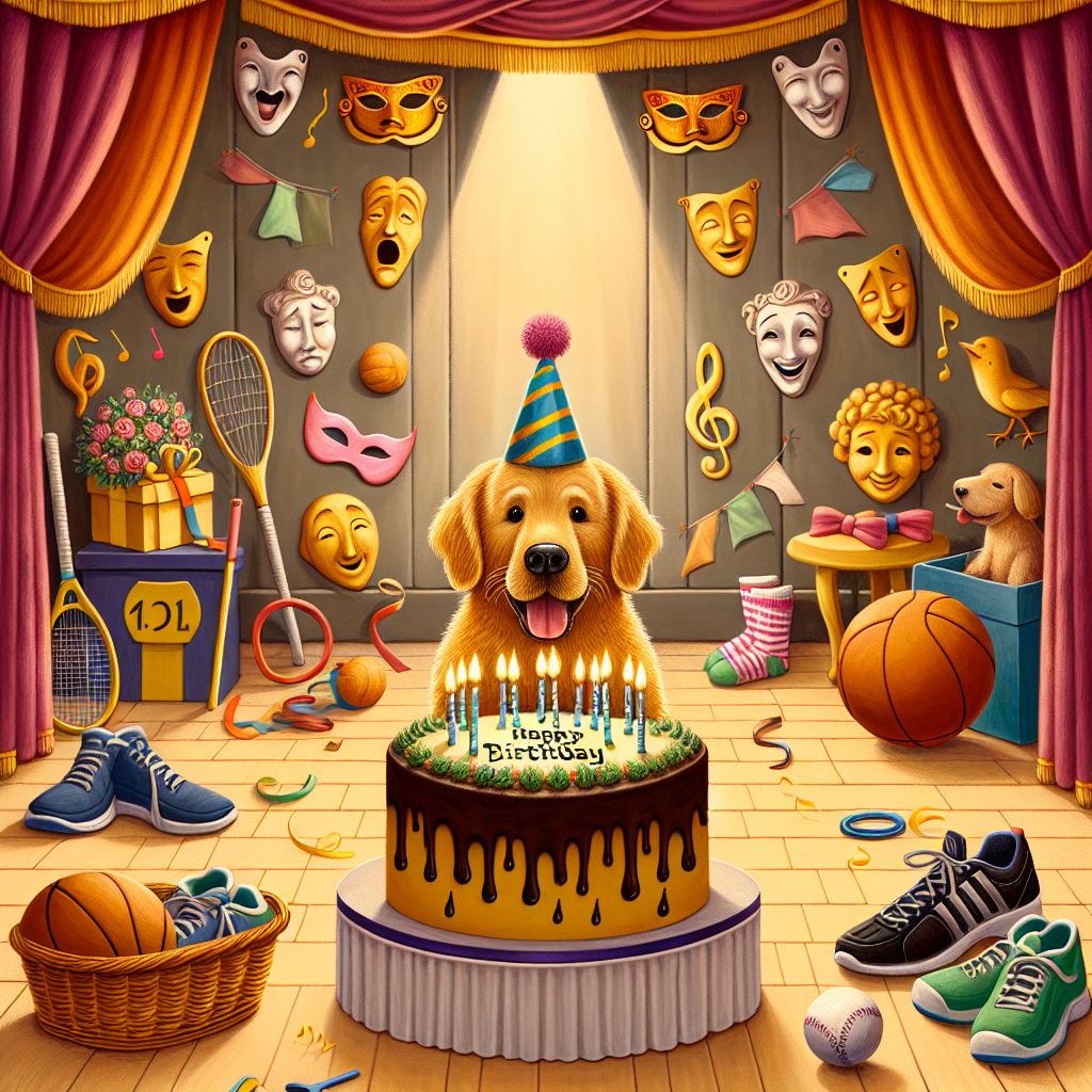 Illustrate a whimsical birthday scene, set in a musical theater ambiance. The key figure is a golden retriever, adorned with a festive party hat, sitting center stage. Drama theatre curtains drape the backdrop with comedy and tragedy masks embellishing the walls. Off to the side, playful chaos is represented by an array of netball and athletics equipment, including a netball and a pair of running shoes. The chosen color palette primarily features joyful yellows, encapsulating the happiness of the celebration. In the foreground, a tempting chocolate cake with icing decorated with musical notes draws everyone into this melodic birthday celebration.
Generated with these themes: Musical theatre , Netball , Athletics , Golden retriever , Yellow , and Chocolate .
Made with ❤️ by AI.