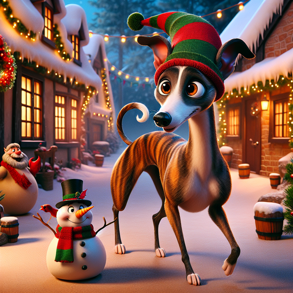 Set against a Christmas village backdrop, a cute cartoon Whippet dog adorns the scene. Its slender frame is enveloped in a brindle coat, with hues that echo the traditional colors of the season. Brown eyes full of life and mischief peer out from under a festive elf hat perched atop its head. The Whippet's tail wags in harmony with the holiday music that fills the air. It stands next to a snowman wearing a scarf and a top hat, with a cartoon red cardinal perched on its paw, symbolizing the peace and joy of the festivities. Garland and lights drape over the quaint cottages behind, emanating a cozy, welcoming glow.
.
Made with ❤️ by AI.