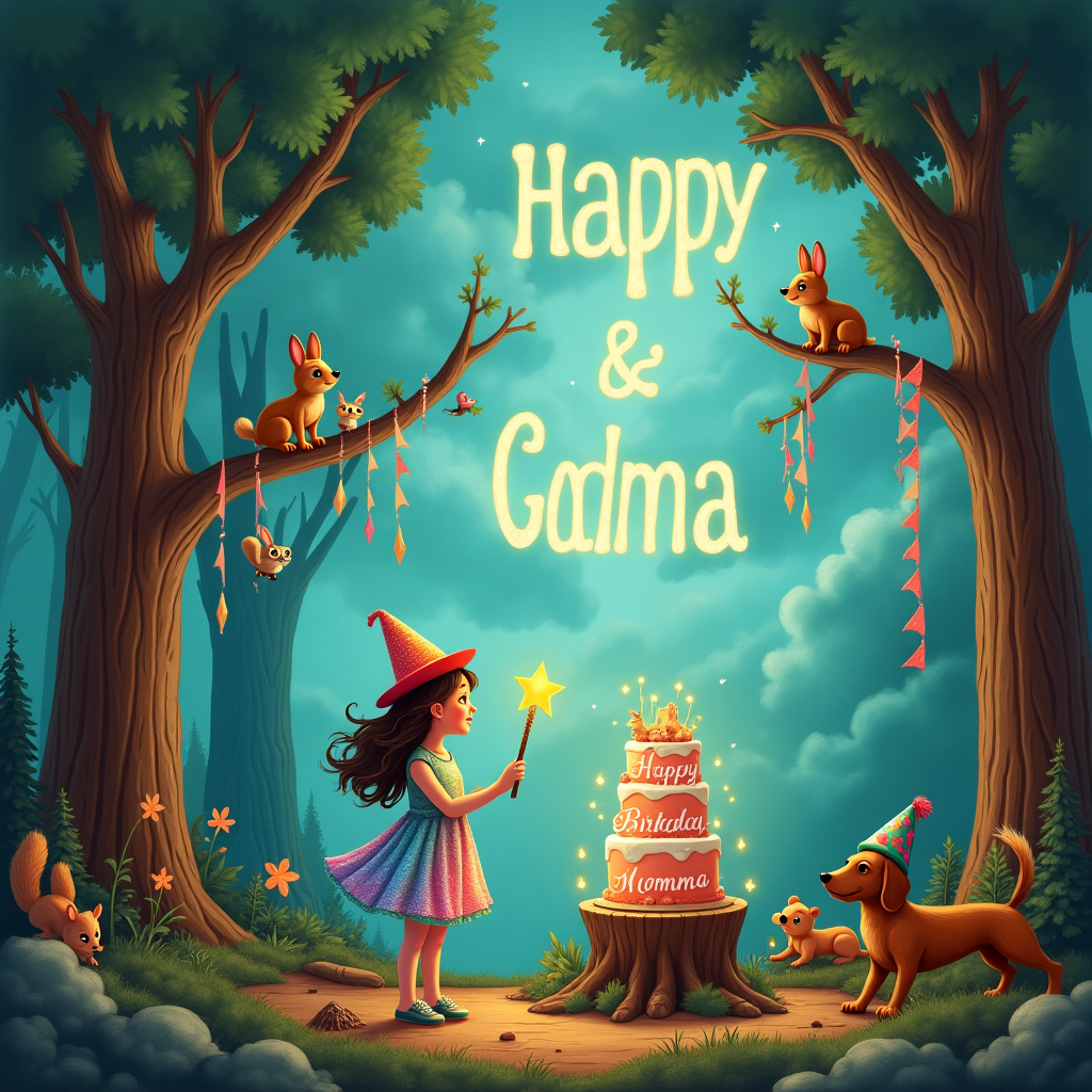 Redwood forest, Mystical sky, Teal turquoise clouds, Woodland creatures, Dachshund, and Magical girl Birthday Card