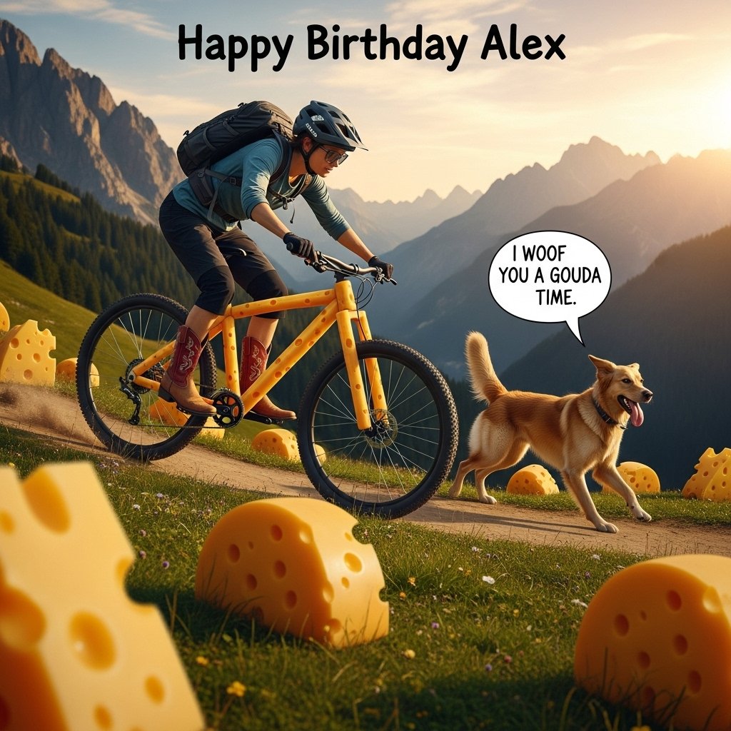 Mountain biking, cheese, dogs, cowboy boots, and Birthday Card