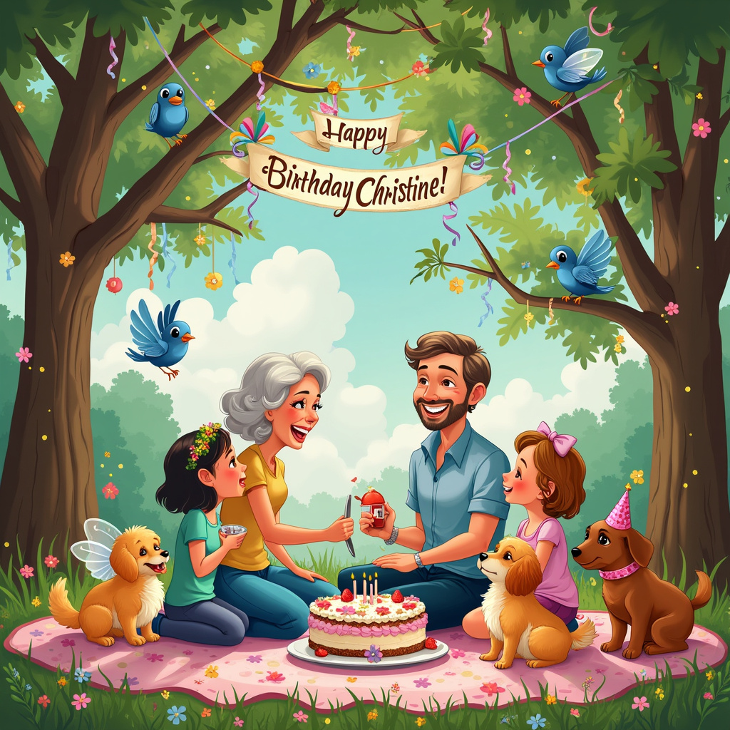 Under the canopy of the enchanting woods, a heartwarming birthday scene unfolds. Christine, with her husband at her side, sits on a charming picnic blanket patterned with tiny flowers. Christine is mid-laugh, her eyes sparkling, as she cuts into a deliciously frosted birthday cake, adorned with vibrant flowers and a Happy Birthday banner where the name "Christine" is beautifully written in curly, whimsical letters, reminiscent of something straight out of a Disney film.

Surrounding them, her two granddaughters, each wearing playful fairy wings, hold plates eagerly awaiting their slices of cake. One of the granddaughters has a flower crown, while the other clutches a stuffed animal. Their joyous anticipation is mirrored by two enthusiastic dogs – one a fluffy golden retriever with a party hat, and the other a spunky dachshund with a balloon tied to its collar.

In the branches above, cartoonish bluebirds, inspired by the delicate lines of Tezuka, chirp melodies and seem to be part of the celebration. Some birds carry colorful ribbons that are artistically draped across the tree branches, creating an aerial festival of sorts. Glittering ornaments hang from the trees, catching the sunlight and casting prismatic glows across the scene, evoking a Hergé-like attention to detail.

Christine's adult son and two adult daughters join the celebration, standing and chatting animatedly. The son, sporting a casual jacket with a mischievous smile, playfully holds a noisemaker. One daughter is snapping photos with a vintage camera, her scarf fluttering like something out of a Schulz strip, while the other daughter, with a sketchbook in hand, seems to be capturing the scene with her own artistic flair, echoing the creative spirit of Bill Watterson's characters.

Above, the sky is a dreamy expanse with fluffy, McCay-inspired clouds. Nestled within one cloud is another "Happy Birthday Christine!" spelled out by birds holding trailing ribbons. The colors are vibrant yet balanced, capturing the festivity with a hint of nostalgia, much like an Eisner graphic novel.

Every element, from the laughter of Christine to the fairy-tale woods and festive details, combines to tell a joyous and lively story that celebrates the warmth and love of family, making it a perfect birthday card scene.
Generated with these themes: Christine is sitting in the woods with her husband at her side, surrounded by her two granddaughters, dogs, birds and coloured tree ornaments.  She is laughing and cutting cake., and Also present her adult son and two adult daughters. .
Made with ❤️ by AI.