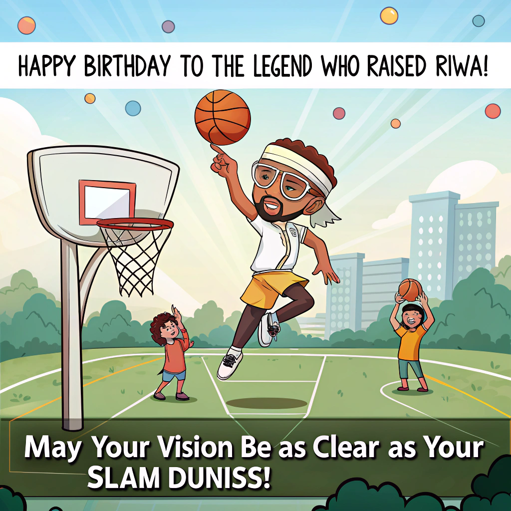 At the top of the image, "HaPpy BirThDaY to the legend who raised Riwa!"

Add at the bottom of the image, "May your vision be as clear as your slam dunks!"

- In the center of the image, depict a playful cartoon scene of a basketball court. A towering basketball player, wearing a headband and oversized glasses, is mid-air, executing an exaggerated slam dunk while juggling basketballs. On the sidelines, an animated optometrist is enthusiastically cheering, holding an oversized eye chart that reads "2020 Vision." The colors are bright and lively, capturing the essence of fun and celebration.
Generated with these themes: Al-Riadi basketball te , Optometrist , and .
Made with ❤️ by AI.
