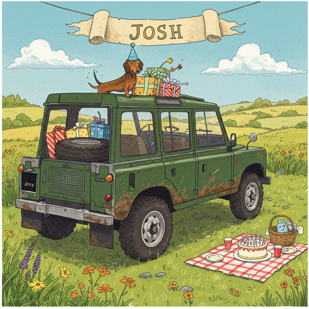 In the foreground of the birthday greeting card, illustrate a classic, rugged Land Rover parked at a slight angle, its vintage charm captured in exquisite detail. The Land Rover is painted a rich, forest green with hints of mud splatter across its fenders, suggesting a recent adventure. The vehicle's rear is open, revealing a colorful pile of wrapped presents with vivid polka dots and stripes in hues of red, blue, and yellow.

Perched on the Land Rover’s hood, a lively Dachshund with expressive, floppy ears is drawn in a playful stance. Its short, shiny coat is a deep chestnut brown, and it wears a bright blue party hat with a small orange pom-pom on top. The Dachshund’s curious eyes seem to follow the viewer, adding a layer of whimsy to the scene.

Above the scene, a banner stretches across the sky, drawn as if made from a flowing piece of parchment. Written in an elegantly whimsical script, the name "Josh" is prominently displayed in the center of the banner. The letters are bold and colorful, featuring a mix of blues, greens, and yellows to match the lively birthday theme.

The background captures a serene, idyllic countryside setting, reminiscent of a Maxfield Parrish landscape. Rolling hills, adorned with clusters of wildflowers in shades of purple and orange, stretch into the horizon. A clear, blue sky, dotted with fluffy, white clouds, provides a peaceful backdrop.

Near the Land Rover, a simple picnic setup includes a red-and-white checkered blanket laid on the grass. On it rests a small, round birthday cake, iced in bright white with "Happy Birthday" written in red icing. Around the cake, a few small plates and cups add a touch of realism.

The illustration takes inspiration from Quentin Blake's playful lines and Beatrix Potter's attention to nature's details, creating a scene that is both enchanting and inviting.
Generated with these themes: Landrover, and Daschund.
Made with ❤️ by AI.