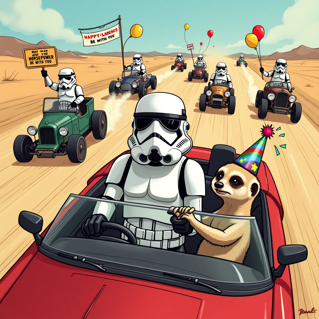 **Image Prompt:**  
At the top of the cartoon image: *“Happy Vroom-Vroom Trooper Birthday, Rich!”*

**Visual Description:**  
A hilariously chaotic birthday race scene set on a galactic desert highway. A sporty red convertible zooms along, driven by a very serious-looking Stormtrooper in party sunglasses. Riding shotgun is a bewildered meerkat gripping the dashboard, wearing a birthday hat flying in the wind.

Behind them, several other cars give chase Mad Max–style, driven by rival Stormtroopers and meerkats teaming up — one group firing confetti cannons, another waving tiny “Happy Birthday!” flags. Balloons trail from antennae. One meerkat rides in the trunk of a souped-up space-car holding a cake like it’s a precious relic.

In the background: sand dunes, random droids holding “Speed Limit: Birthday Zone!” signs, and a banner slung between two crashed tie-fighters that reads: “MAY THE HORSEPOWER BE WITH YOU!”  

Overall vibe: birthday joy, intergalactic road trip mayhem, and total meerkat mischief.
Generated with these themes: Cars, Stormtroopers, and Meerkats.
Made with ❤️ by AI.