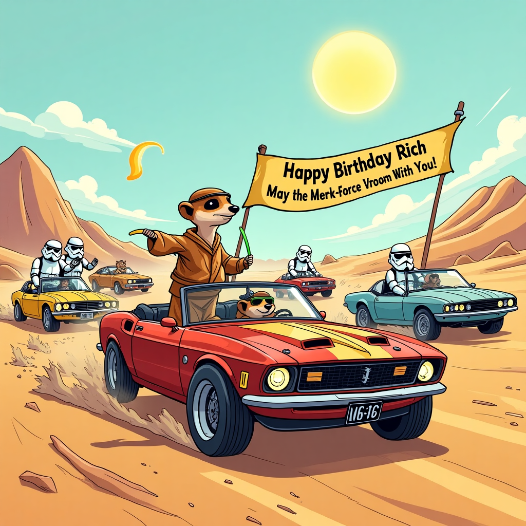 **Prompt:**

At the top of the cartoon image, "Happy Birthday Rich – May the Meerk-Force Vroom With You!"

A cartoon scene showing a high-speed car race on a desert planet. A squad of Stormtroopers in full armor are frantically trying to chase down a group of cheeky meerkats who are driving souped-up hot rods and space-converted muscle cars, all customized with spoilers and laser cannons. One meerkat wears Luke Skywalker’s robe and goggles, standing out the sunroof wielding a banana like a lightsaber. Stormtroopers crash comically into sand dunes and one has his helmet backwards. Background includes Star Wars-like speed trails, a twin-sun sky, and an inflatable "Galactic Birthday Grand Prix" banner flapping above the mayhem. Bright colors, silly expressions, and comic chaos all around.
Generated with these themes: Cars, Stormtroopers, and Meerkats.
Made with ❤️ by AI.