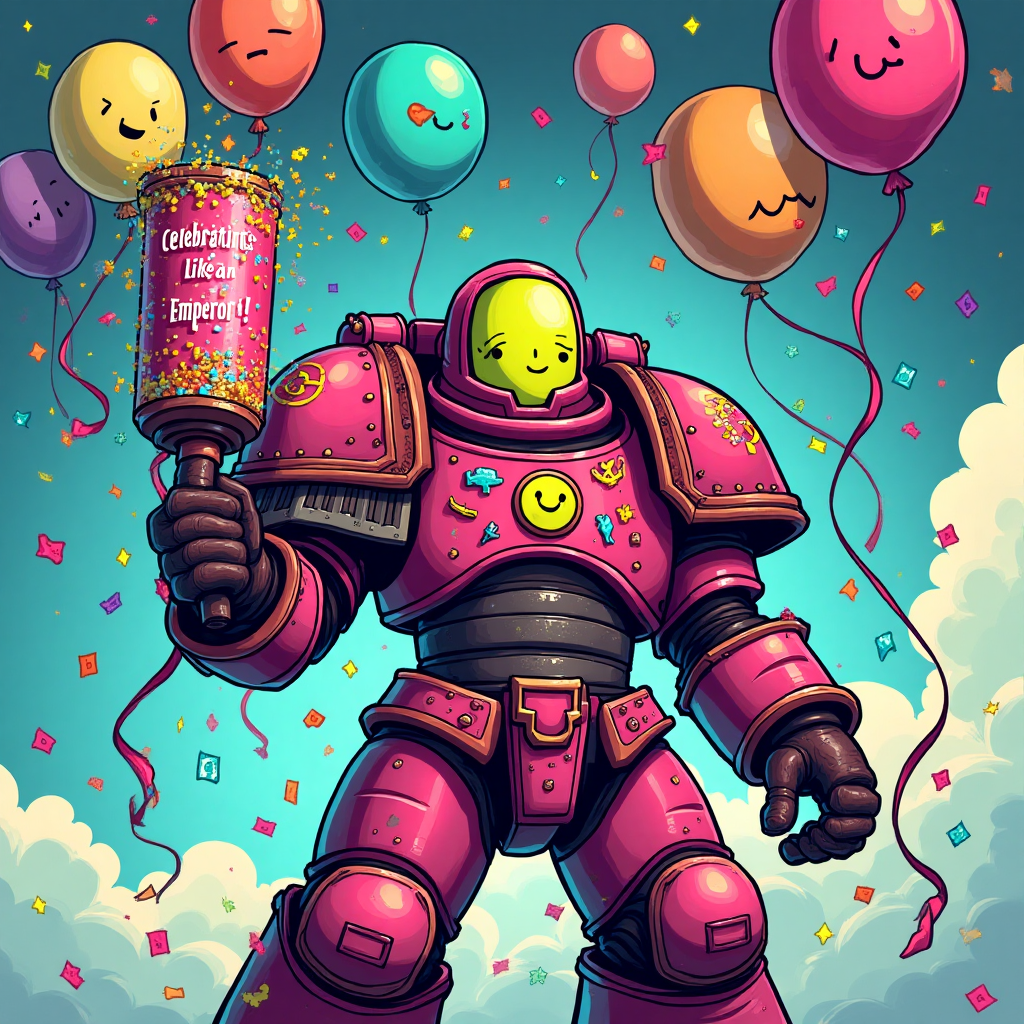 At the top of the Cartoon Style image, include the text "Happy Birthday Alex".

**Image Prompt:**

Picture a Warhammer 40k space marine, but with a comical twist! The marine is decked out in traditional bulky armor but it's painted in a riot of birthday party colors: neon pinks, electric blues, and lime greens. Instead of holding a traditional weapon, the marine is proudly wielding a gigantic party popper, bursting with colorful confetti. Surrounding the marine are floating birthday balloons, shaped like tiny planets and spaceships, with cheerful faces drawn on them. Streamers cascade down from above, entwining around the marine's helmet. The marine's visor displays a cheeky smiley face emoji, adding to the jovial atmosphere. Beneath the marine, a small banner reads, "Celebrating Like an Emperor!" in bold, playful letters. The entire scene is brought to life with thick outlines and vibrant cartoon colors, capturing the spirit of a birthday party in the cosmos.
Generated with these themes: Warhammer 40k space marine, Birthday balloons and streamers, and .
Made with ❤️ by AI.