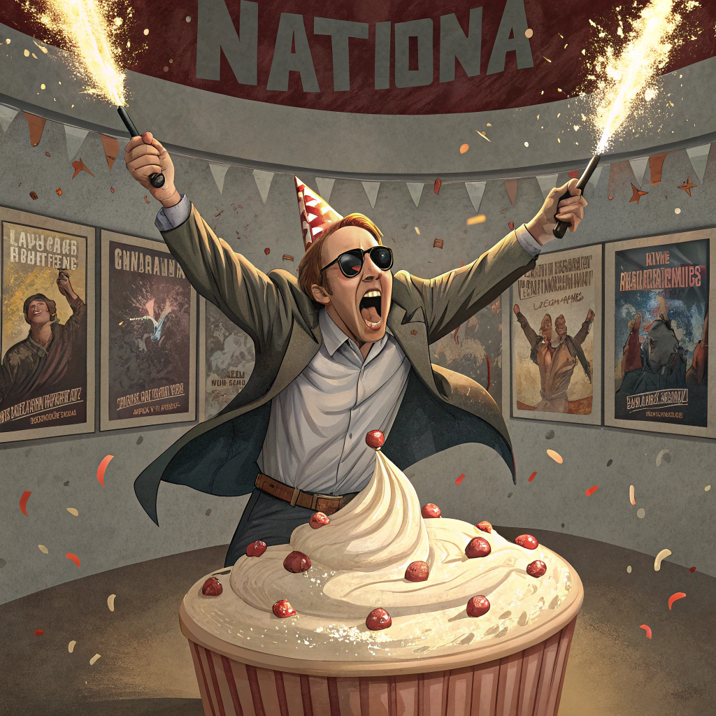 At the top of the image, "Quinn, you’ve officially Caged another year — now let’s Face/Off with some cake!"

- Create a hilariously dramatic illustrated scene of Nicholas Cage bursting out of a giant birthday cake, arms wide like a triumphant action hero, confetti flying everywhere.
- Cage is mid-yell, wearing a party hat and aviator sunglasses, holding two lit sparklers like flaming pistols.
- In the background, there's a wall of exaggerated movie posters titled things like "Con-Aged", "National Birthday Treasure", and "Cake Rider", each spoofing his films but themed around aging and birthdays.
- A very surprised cartoon Quinn is off to the side, caught mid-giggle, wearing a birthday sash and dodging a flying candle.
Generated with these themes: Nicholas Cage.
Made with ❤️ by AI.