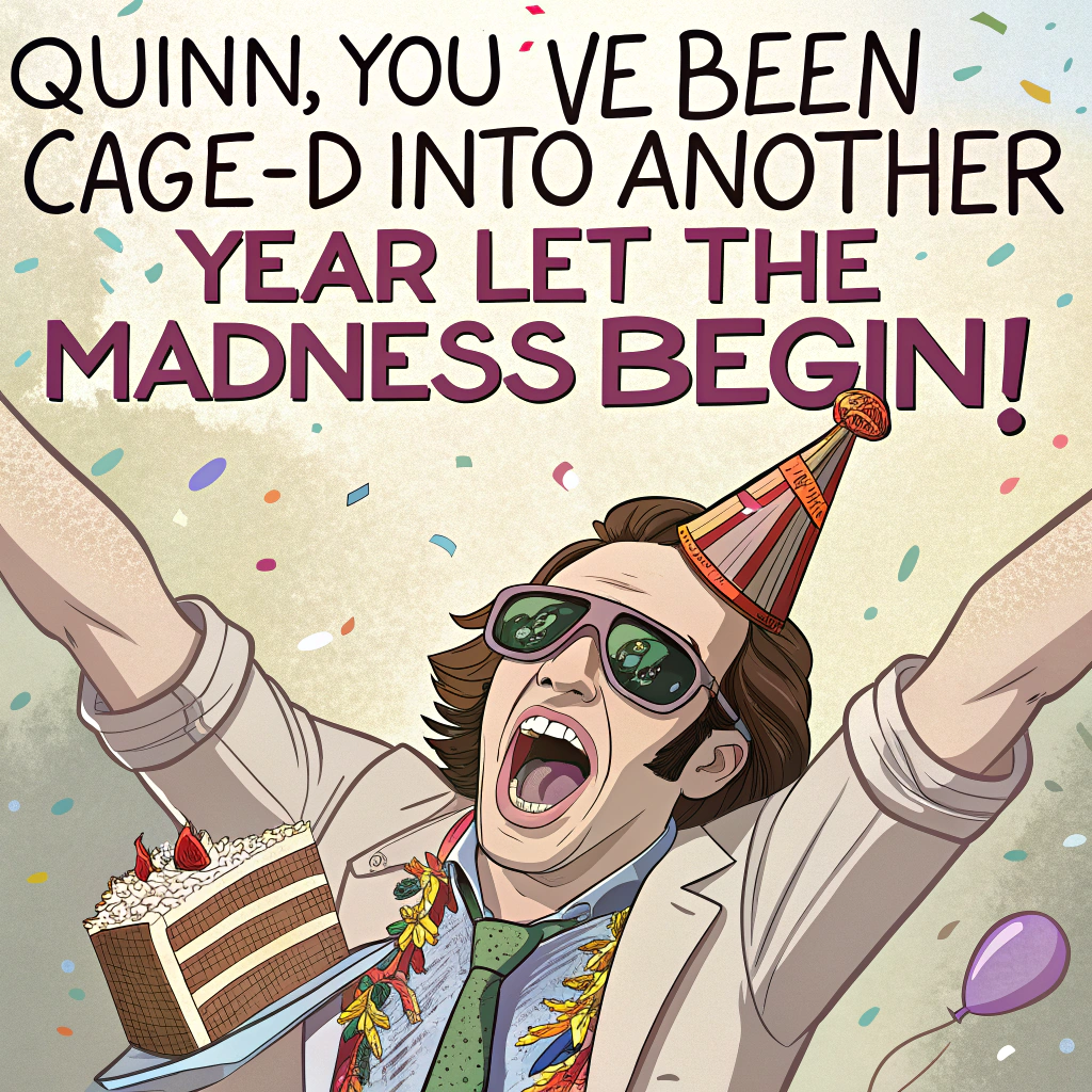 At the top of the image, "Quinn, You’ve Been Cage-d into Another Year—Let the Madness Begin!"

– The illustration features a wild and exaggerated cartoon version of Nicholas Cage bursting out of a giant birthday cake, arms raised like a rockstar, confetti flying everywhere. He’s wearing a party hat over his iconic hair, sunglasses, and a sparkly "National Treasure" sash.

– Quinn is shown in the foreground looking both excited and slightly alarmed, holding a slice of birthday cake shaped like a Declaration of Independence scroll.

– Surrounding the scene are floating birthday balloons with dramatic Cage facial expressions (from various movies), and a disco ball wearing sunglasses. 

– Overall style is colorful, energetic, and full of chaotic birthday cheer with that unmistakable Cage intensity.
Generated with these themes: Nicholas Cage.
Made with ❤️ by AI.