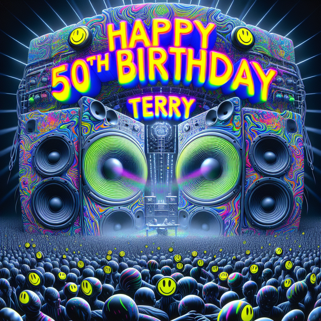 Create a surreal image that represents a commemorative 50th birthday with the aesthetic of a 90's rave. Above the scene, the words 'Happy 50th Birthday, Terry' should be visible, written in bold graffiti styles characteristic of the 1990’s. Below, the scene encapsulates the energetic atmosphere of a music rave with visible patterns representing the beats of acid techno music. Huge dynamic speakers, are leaning toward a crowd of anonymous dancers, each one displaying a glow-in-the-dark smiley face. Scattered around the scene are smiley icons, some expressing jubilant laughter, others winking in sync with the rhythm of the music.
Generated with these themes: Happy 50th Birthday, Terry, 90's Rave Scene, Acid Techno music, Speakers, Smiley faces, Dancing.
Made with ❤️ by AI.