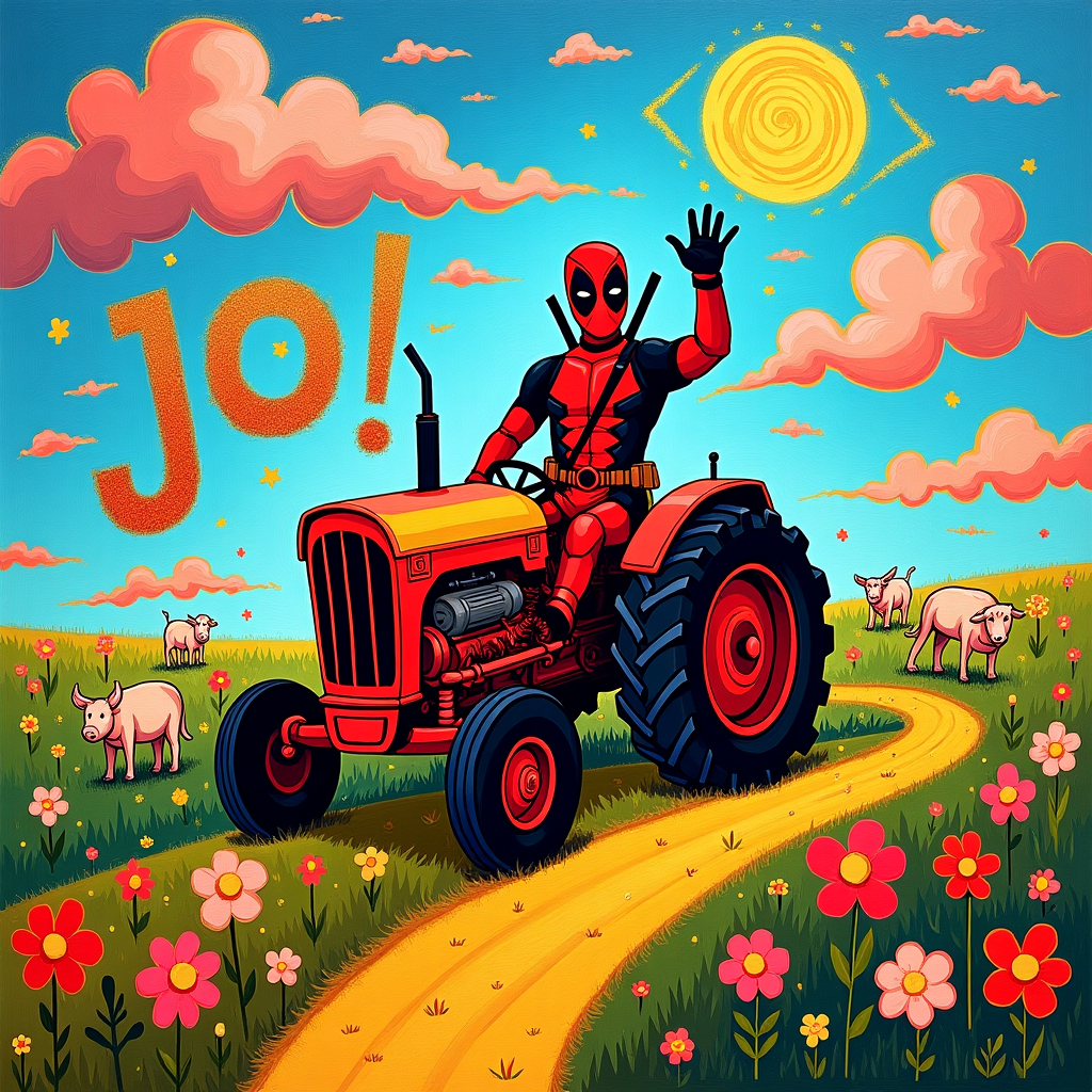 In the center of this birthday greetings card, imagine an eccentric, kaleidoscopic farm field, where a vibrant, abstract version of Deadpool is driving a quirky, surreal tractor. The tractor itself resembles a cross between a Mondrian painting and a Pollock splatter, with geometric squares of red, blue, and yellow intermingling with bold, random splashes of color. Deadpool, dressed in his classic suit, is waving cheerfully, his mask featuring Rothko-esque color blocks for eyes. Surrounding him are whimsical farm animals painted in the style of Miró, with playful curves and dots, grazing on a field of floating geometric shapes, reminiscent of Kandinsky's abstract compositions.

Above this lively tableau, the sky is filled with swirling, De Kooning-inspired clouds, each with dynamic, fluid brushstrokes. Amongst these clouds, the name "Jo - 21! 👍" is cleverly interwoven with bold strokes, as if part of the celestial dance. The number "21" stands out with a twinkling glitter effect, while the thumbs-up emoji is rendered in a playful, cartoonish style. The sun in the sky is a golden spiral, evoking a Twombly scribble, casting a warm, dreamlike glow over the scene.

In the foreground, a winding path leads to the horizon, lined with abstract representations of flowers in Richter's blurred aesthetic. This path, curving gently, guides the viewer's eye to the joyous, almost fantastical, celebration in the middle ground, making it an eye-catching and humorous tribute to Jo's special day.
Generated with these themes: Deadpool tractor .
Made with ❤️ by AI.