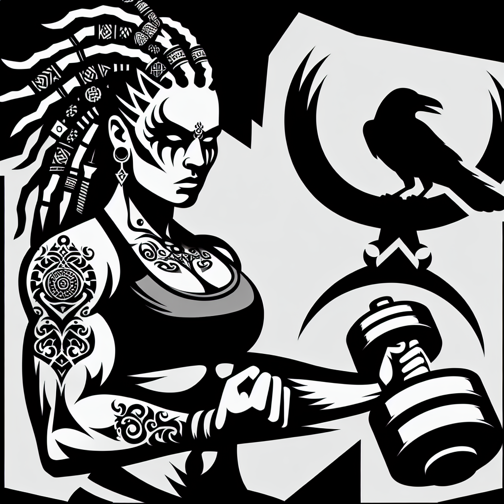 Design a stencil-themed vector titled 'Solemn Vector.' The central figure in the design should be a fierce female Viking with defined muscles, symbolizing commitment to fitness. This Viking woman, who is of Scandinavian descent, should have distinct dreadlocks adorned with intricate tattoos, signifying a unique journey. She should be situated in a gym backdrop, intensely gripping a dumbbell, reflecting dedication. A crow, traditionally associated with Wales, should be depicted somewhere in the scene, adding to the cultural significance of the design. This stencil vector should have the ability to be repurposed as a powerful logo or piece of graffiti art.
Generated with these themes: Female viking, Warrior, Fitness, Muscles, Viking, Female , Woman, Gym, Crow , Wales, Stencil, Logo , Dreadlocks , Graffiti, Tattoos, and Dumbbell .
Made with ❤️ by AI.