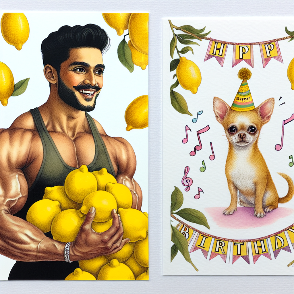 A playful birthday card features a muscular gym-goer of South Asian descent, his arms exhibiting well-toned biceps, holding a heap of vibrant yellow lemons, his eyes sparkled with joy. Alongside him, a petite chihuahua wears a festive party hat, its tail enthusiastically wagging against the backdrop of birthday banner decorated with lemons. In one corner, delicately captured in an artistic style, is an unnamed operatic tenor, his melodious voice represented by illustrated musical notes that flutter around the cheerful words 'Happy Birthday!'
Generated with these themes: Gym man who loves lemons, Chihuahua , and Paul Potts.
Made with ❤️ by AI.