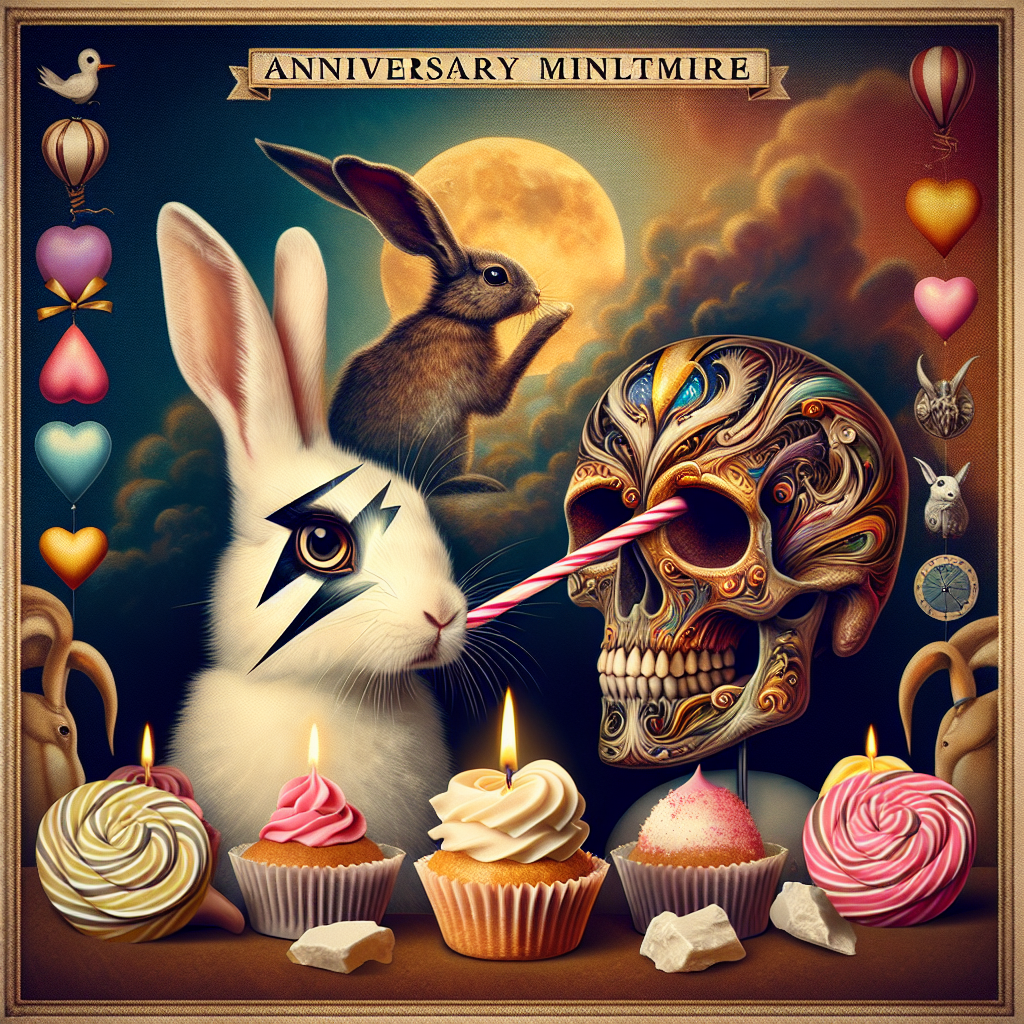An enchanting image underlines a romantic anniversary milestone, blending affection with a surreal backdrop. In the forefront, a rabbit with a distinctive lightning bolt across its face - much like a classic glam rock aesthetic - locks eyes with an artistically adorned skull. The surrounding ambiance borrows from the whimsy of a peculiar fair, with treats taking on the ethereal quality of floating balloons. Amid this strange fellowship, symbols embodying love and connection animate in the rear, nurturing a sense of harmony between life, death, and the enduring impact of influential art.
Generated with these themes: Rabbit, David Bowie, Sweeties, Skulls, and Love.
Made with ❤️ by AI.