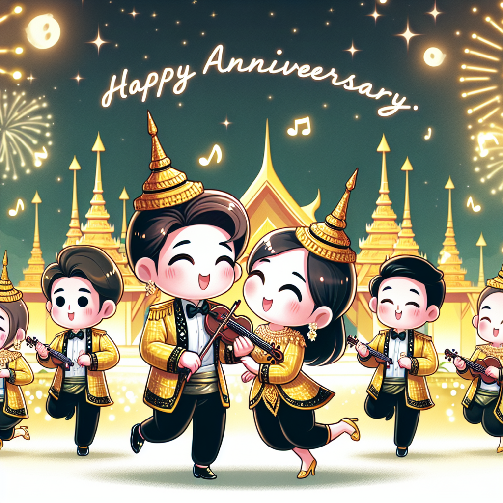 A charming cartoon scene where an adorable couple celebrates their anniversary under the sparkling Thai sky is displayed. The harmonious sounds of traditional Thai music envelop the atmosphere, adding a romantic flavor to the evening. The couple dances to the rhythm elegantly, joined by animated figures dressed in distinctively golden and black colors. These figures, resembling a popular sports team's colors, happily join in the dance, bringing a buoyant and spirited atmosphere to the unforgettable moment.
Generated with these themes: Thailand , Music, Dancing, and Wolverhampton .
Made with ❤️ by AI.
