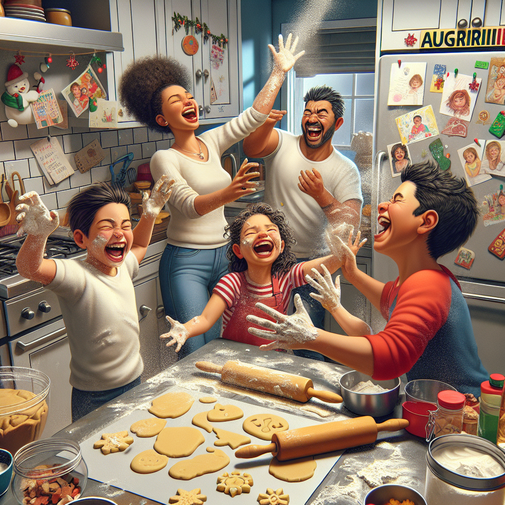 In the middle of a bustling kitchen, a family engages in a humorous flour fight while attempting to bake Christmas cookies. The realistic setting features a cluttered countertop with ingredients sprawled across it and a pile of mismatched cookie cutters next to a dough-covered rolling pin. The children giggle as they press their hands into the dough, leaving imprints, while the parents attempt to salvage the situation with laughter. Hanging on the fridge amidst drawings and holiday cards is a colorful magnet that spells out 'Auguriiiii', standing as a beacon of good cheer and festive spirit in the delightful chaos.
Generated with these themes: Family.
Made with ❤️ by AI.