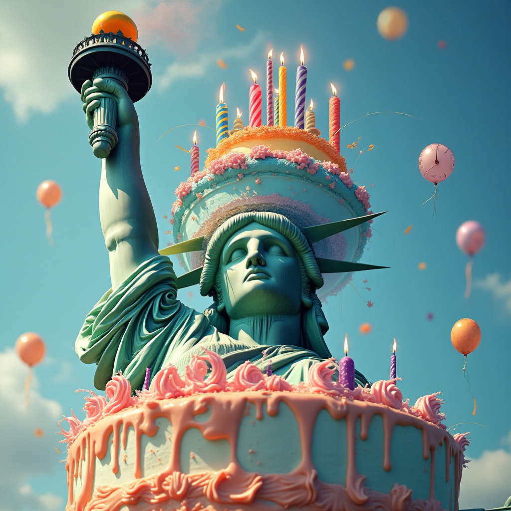 **Image Prompt:**

A whimsical, surreal close-up of the Statue of Liberty, her iconic torch humorously replaced with a giant, three-tiered birthday cake adorned with colorful, dripping candles. The cake's frosting melts in a dreamlike manner, creating a cascade of vibrant colors blending into one another, reminiscent of a Dali painting. Ethereal lighting casts playful shadows, and the sky is filled with floating balloons shaped like clocks, adding to the surreal atmosphere. 

**Text Caption (optional):**

"Freedom to eat cake... it's your birthday!"
Generated with these themes: Close-up of statue of liberty holding a birthday cake where the torch would be, and .
Made with ❤️ by AI.
