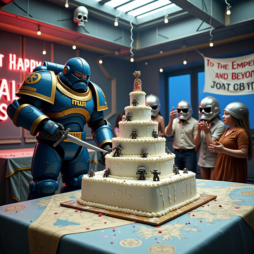 In a bustling futuristic birthday party hall aboard a colossal spaceship, a hilariously oversized cake shaped like a battle-worn fortress sits at the center of a grand, metallic table. It's frosted in shimmering silver with decorative, edible miniature Space Marines adorning its tiers, posed mid-battle against tiny edible Orks scaling the sides. The tablecloth is designed to resemble a vast star map, complete with intricately drawn planetary systems and twinkling LED stars. Above, a neon sign reads "Happy Birthday, Chapter Master!" in bold Gothic script. To the left, a towering Space Marine in blue and gold armor, wielding a fork as though it were a chainsword, inspects the cake with a bemused expression visible through his helmet. His shoulder pauldron features a festively wrapped gift box symbol, hinting at his dual role as both warrior and party host. Meanwhile, a servo-skull hovers nearby, cheerfully dropping confetti from its compartments. In the background, several guests clad in civilian attire but wearing comically large Space Marine helmets can be seen attempting to dance to the classic beat of "Space Jam," which blares from speakers shaped like bolters. Scattered across the floor are colorful, bouncy plasma grenades that serve as party favors, while a banner in the background exclaims, "To the Emperor and Beyond!" providing an amusing crossover nod to a certain animated space ranger.
Generated with these themes: Warhammer 40k, and Space Marine 2.
Made with ❤️ by AI.